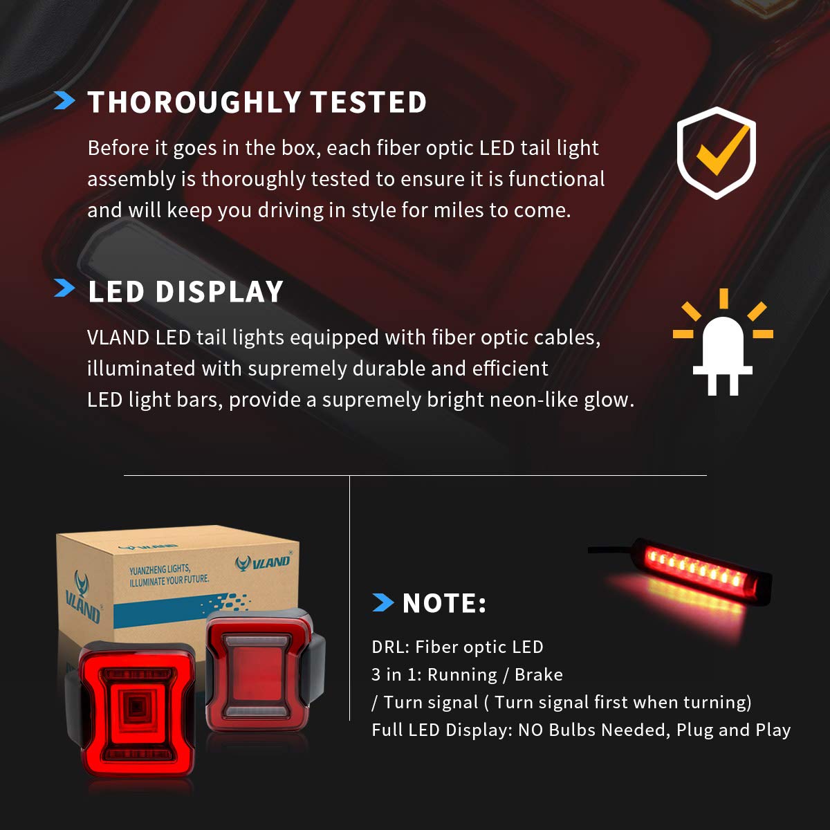 VLAND LED Tail Lights for Jeep Wrangler JL & JLU (2018-2020) - Compatible with Sport, Sahara, Rubicon & Moab Models - Dynamic Animation Red Rear Lamp Assembly with Tunnel Light - Perfect for Off-Roading & Night Driving