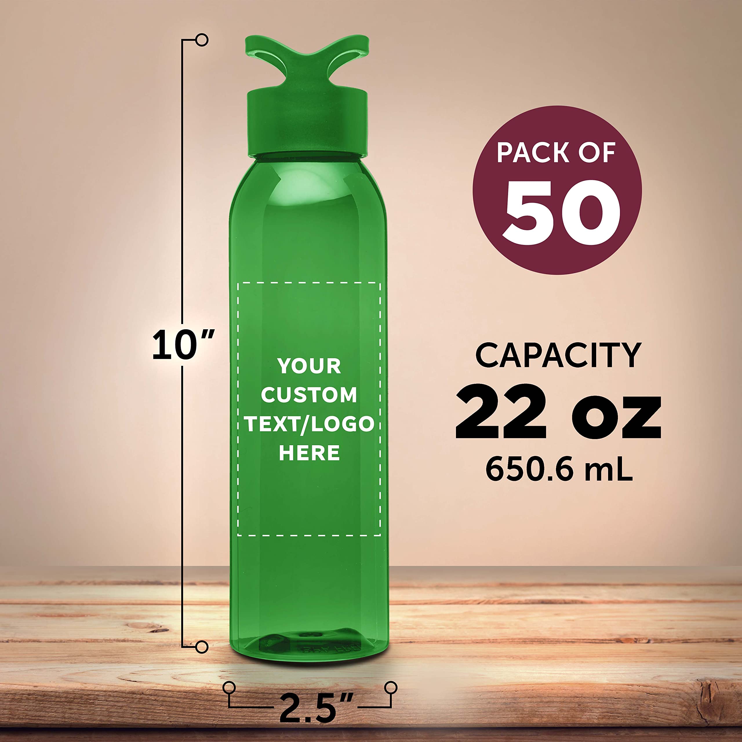 Custom 22oz Tritan Plastic Water Bottles - Bulk Pack of 50 - Personalized with Text/Logo - Reusable Gym & Sports Water Bottle - Lime Green - Perfect for Team Sports, Corporate Gifts & Fitness Enthusiasts