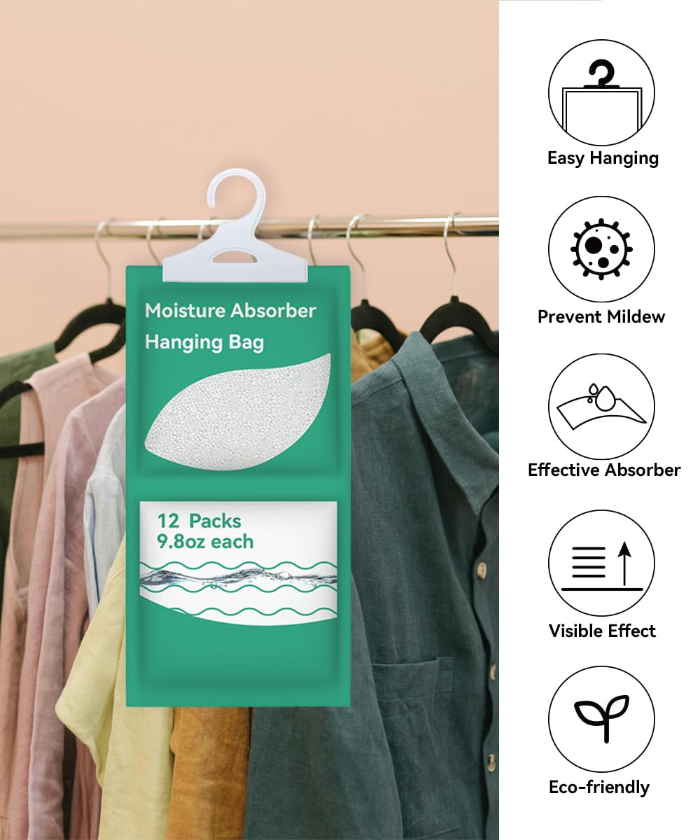 Fragrance Free Moisture Absorber Packets (12 Pack) - 9.8OZ Hanging Dehumidifier Bags for Closet, Bedroom, Kitchen, Basement & Storage - Eliminate Humidity & Prevent Mold in Small Spaces