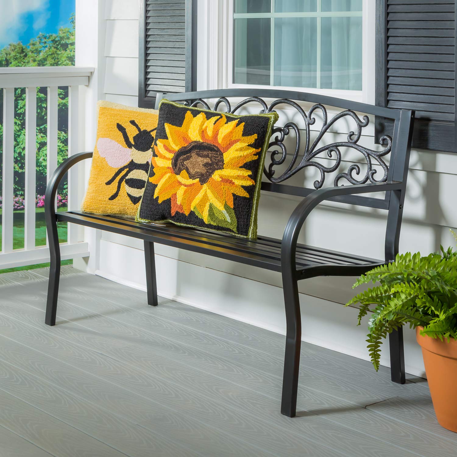 Evergreen Weatherproof Outdoor Bench for Garden, Patio, Porch & Park - Heavy Duty Steel Frame Supports 300 lbs - Perfect for Relaxing in Blooming Gardens, Decks & Outdoor Spaces - Black