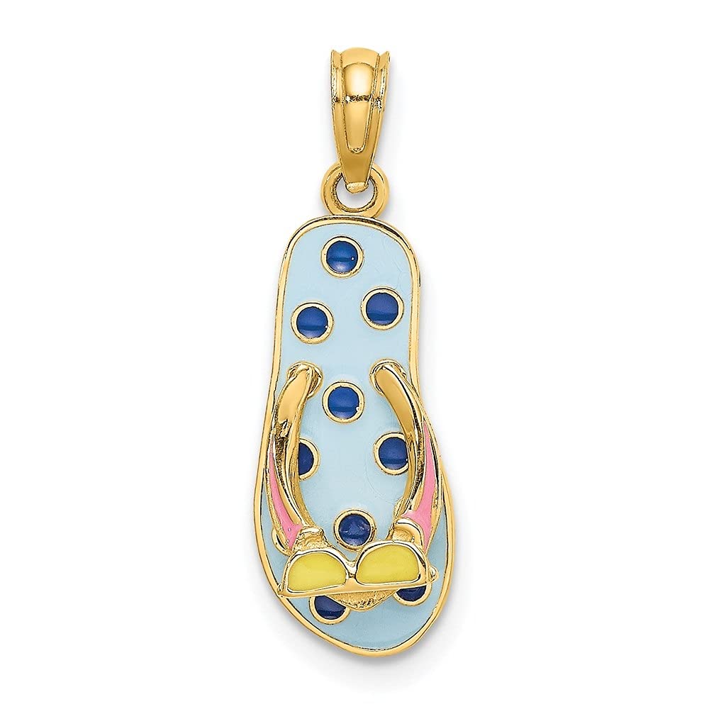 14K Yellow Gold Enamel Sunglasses Charm on Blue Polka Dot Flip Flop Pendant - Women's Jewelry (23.5mm x 8mm) - Perfect for Beach Outfits, Summer Accessories & Gift Giving