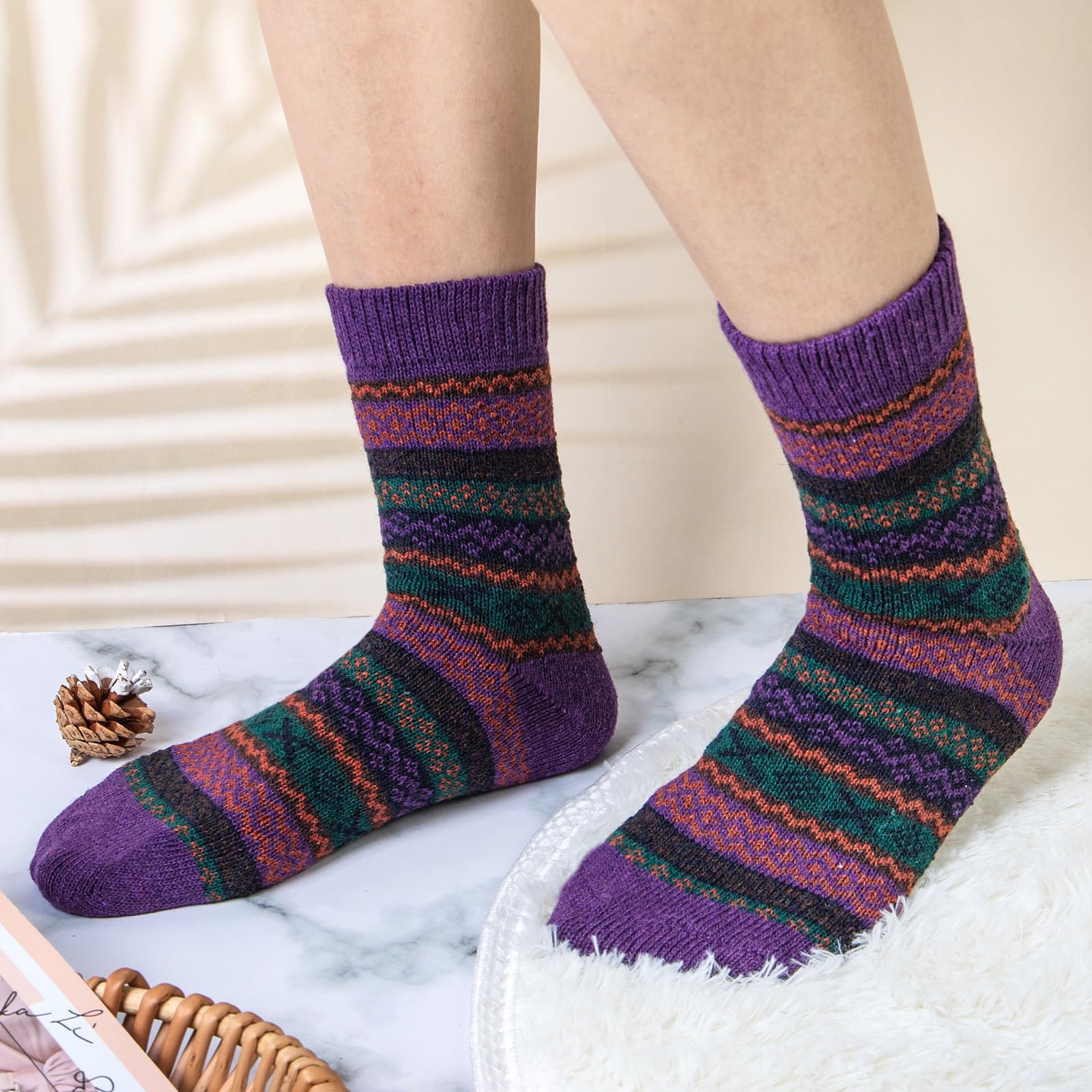 5 Pack Women's Wool Winter Socks - Warm Thick Knit Crew for Hiking & Gifts