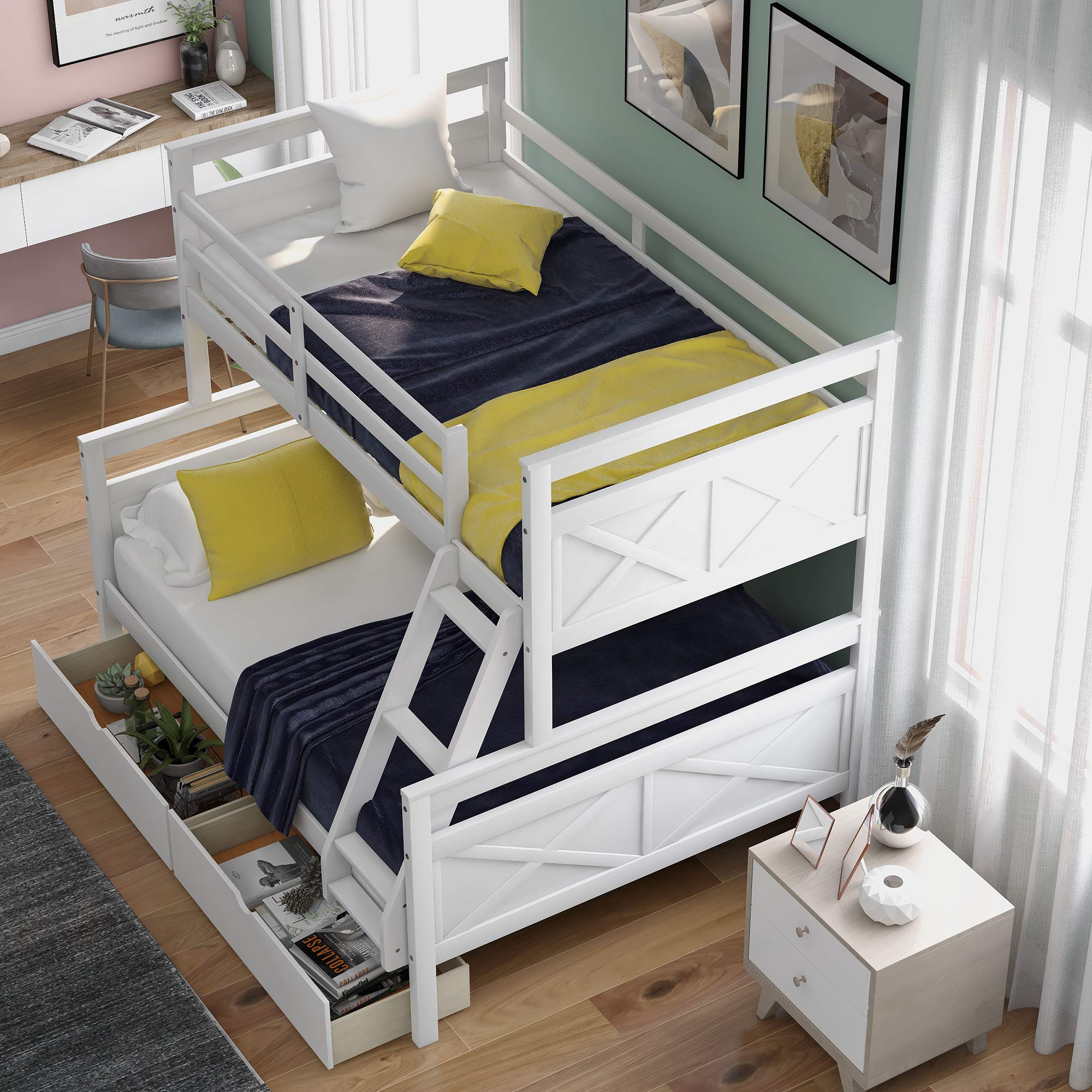 Twin Over Full Loft Bed with Ladder - Sturdy Wooden Bunk Bed with 2 Storage Drawers & Safety Guardrail - White Space-Saving Kids Bedroom Furniture for Small Rooms & Dorm Rooms