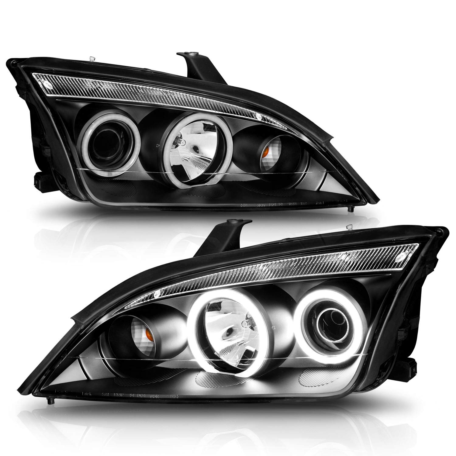 AmeriLite Xtreme LED Halo Projector Headlights - Black Housing for 2005-2007 Ford Focus ZX4 4-Door Sedan (Pair) | High-Intensity Lighting for Night Driving & Enhanced Style