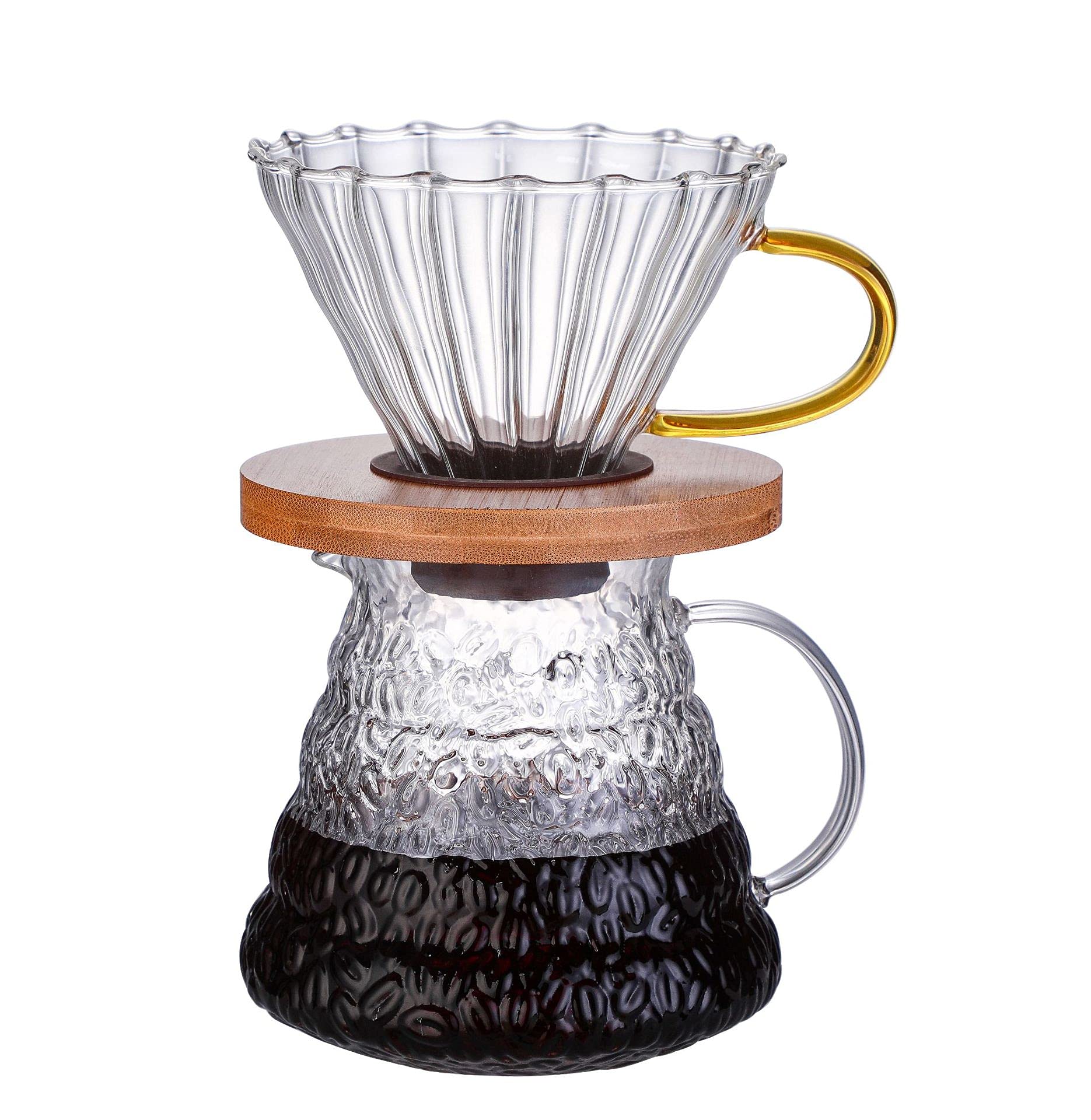 Premium Glass Threaded Pour Over Coffee Filter with Walnut Base - Handcrafted Coffee Dripper for Specialty Brewing at Home or Office