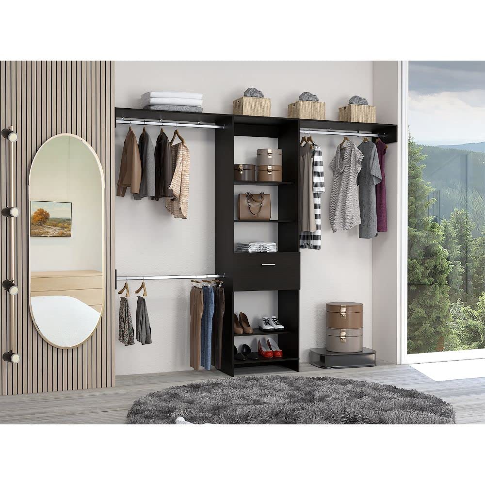 Brisk Closet System with 1 Drawer, 3 Metal Rods & 5 Open Shelves - Black | Space-Saving Storage Solution for Bedroom, Closet & Office Organization