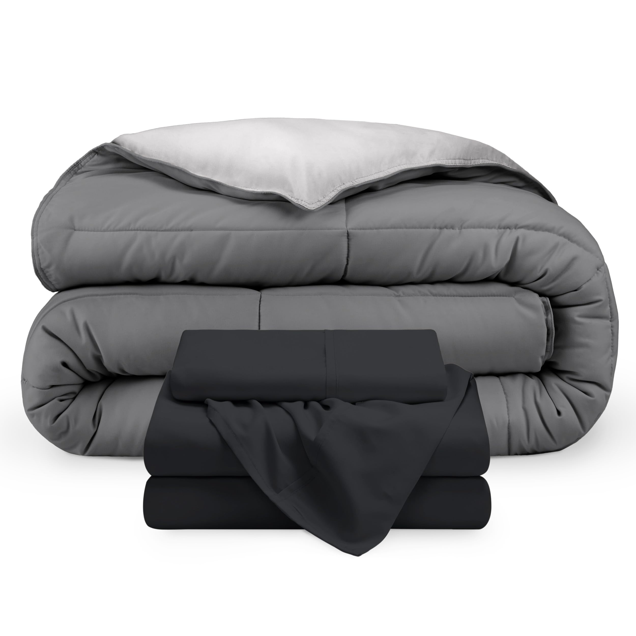 Bare Home Reversible Down Alternative Comforter & Sheet Set - Twin Size Soft Bedding in Grey/Light Grey & Black - Perfect for Guest Rooms, Dorms, and Cozy Bedrooms