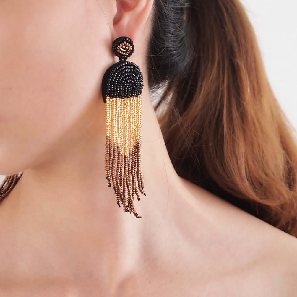 Bohemian Color Seed Beads Tassel Fringe Earrings for Women | Handmade Dangle Earrings with Natural Stones | Perfect for Festivals, Parties and Boho Fashion (Style E68671)