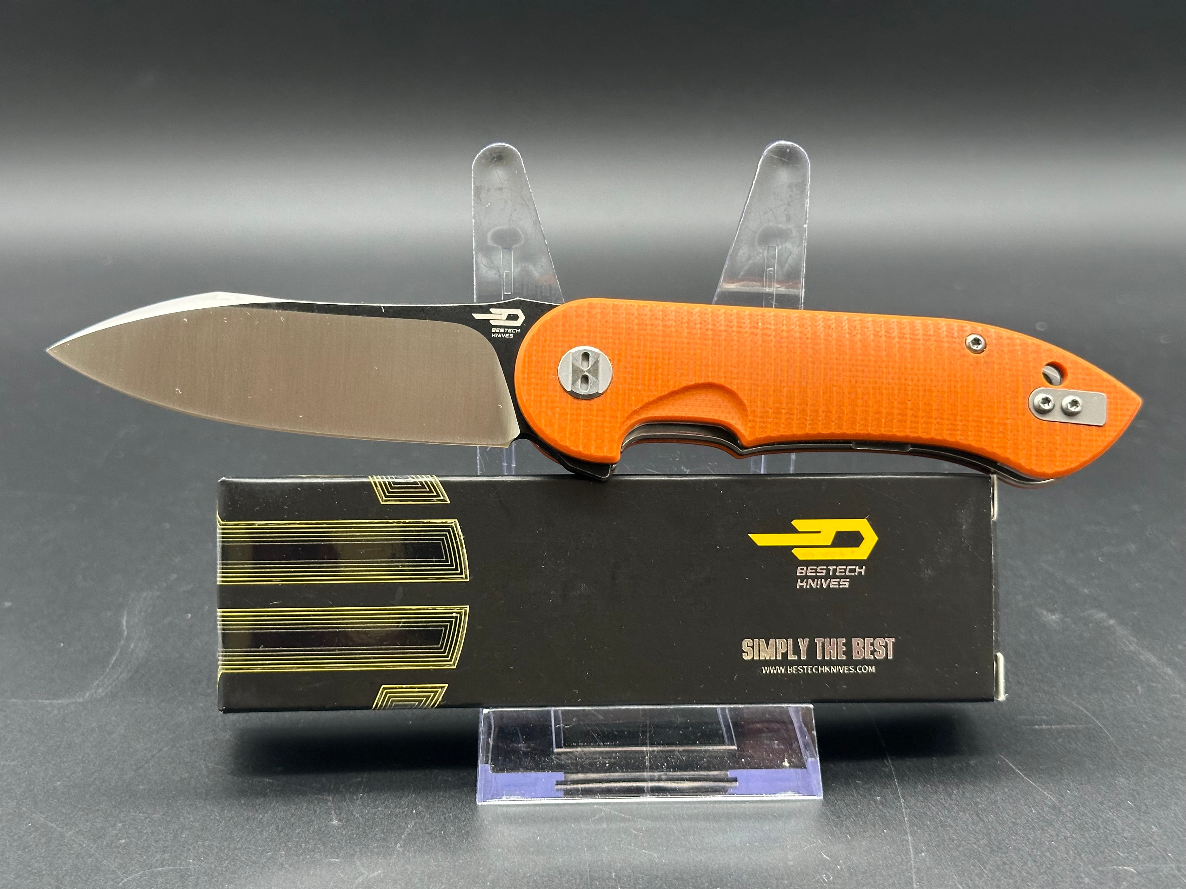 BESTECH Torpedo Folding Knife - Orange G10 Handle with Black Stonewash & Satin Blade - EDC, Camping, Hiking, Survival Gear