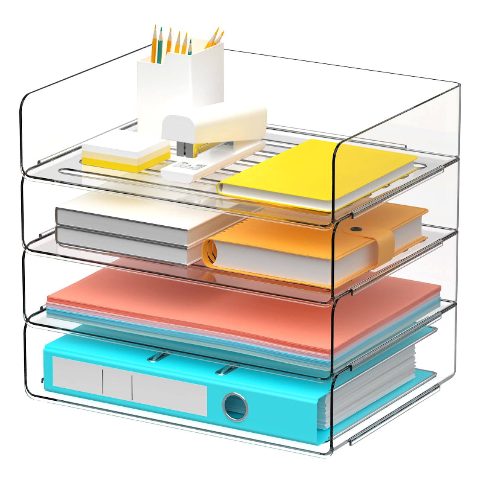 Stackable Clear Desk Organizer - 4 x Wide Entry Letter Tray for Office Paper, Files & Books Storage | Perfect for Home Office, School & Workspace Organization