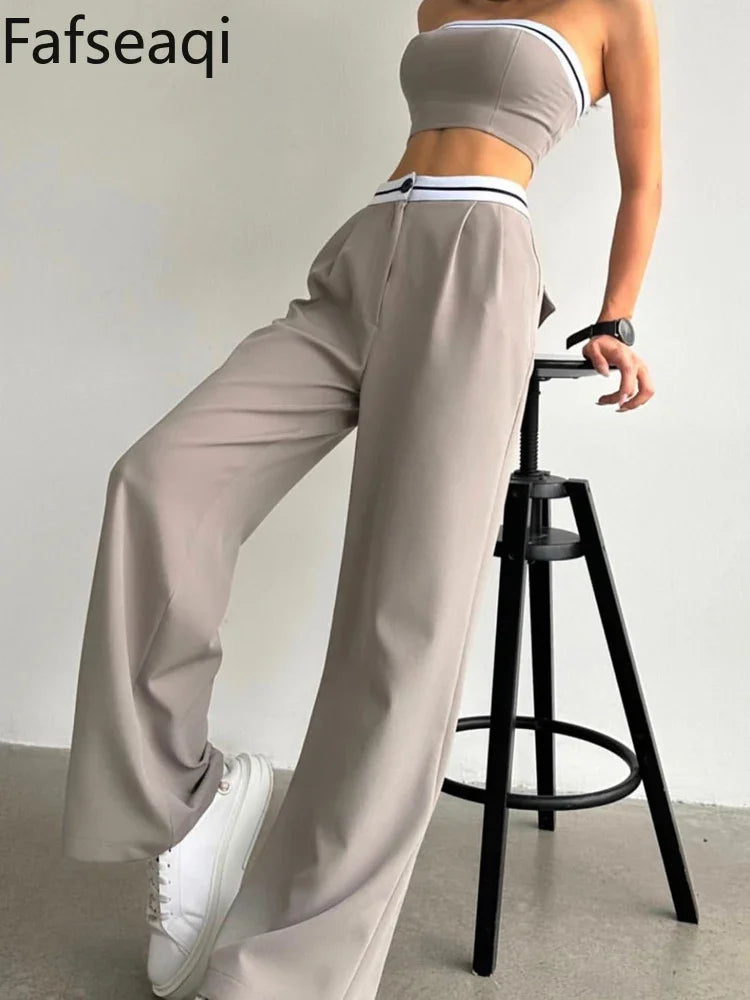 Black Women's Tracksuit Set - Sexy Boob Tube Top with Slash Neck & Contrast Color Wide Leg Pants | 2-Piece Outfit for Gym, Streetwear & Casual Fashion