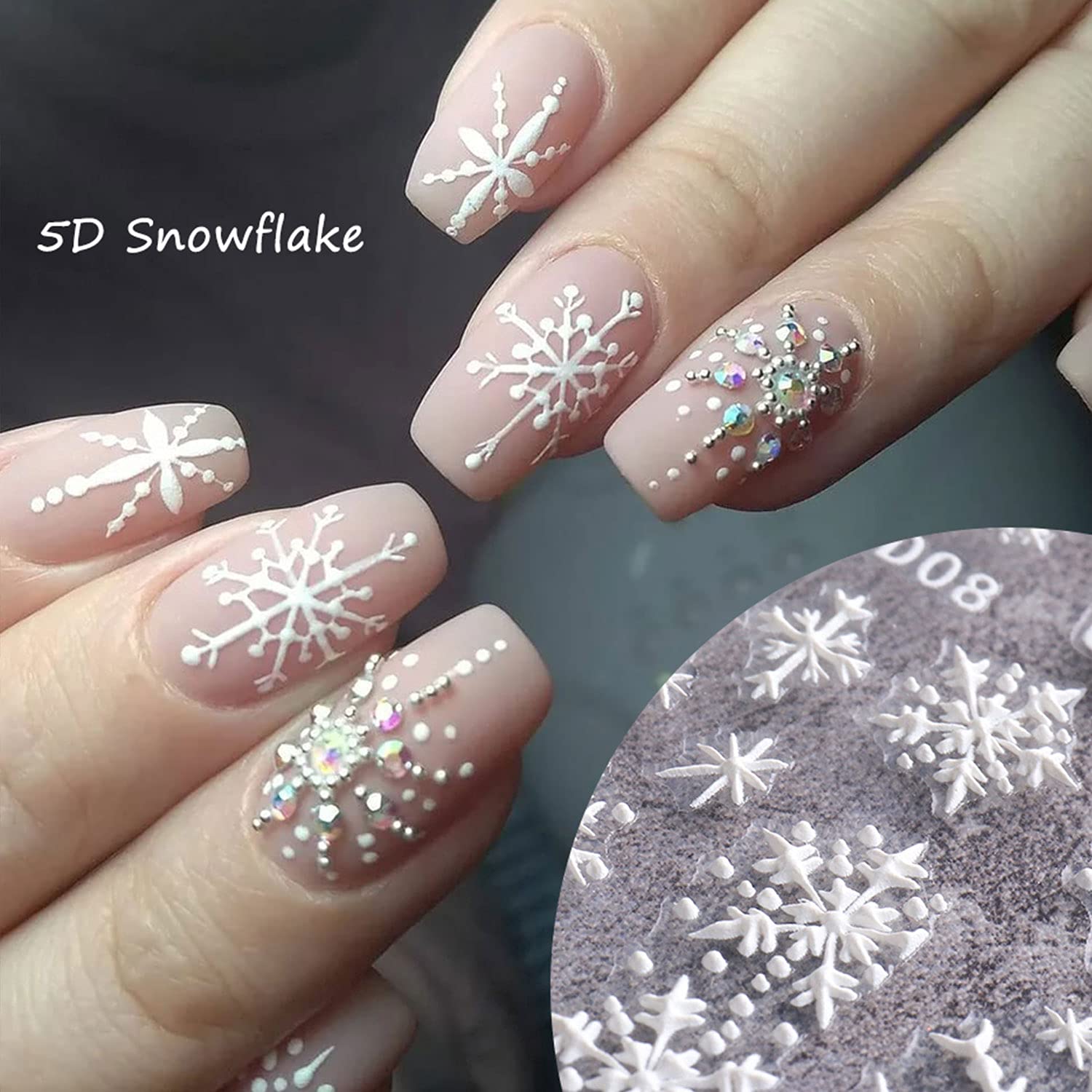5D Stereoscopic Embossed Snowflake Nail Art Stickers - Christmas Nail Decals for Women, DIY Acrylic Nail Decorations, White Flower French Manicure Tips - Perfect for Holiday Parties, Winter Nail Designs & Gift Giving
