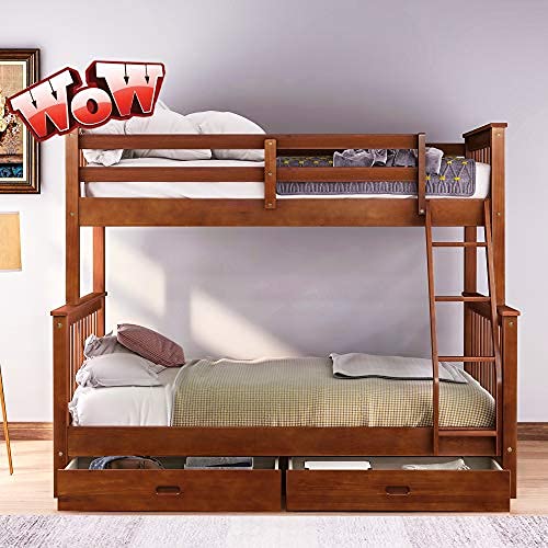 TOEIGEYNR Twin Over Full Bunk Bed with Ladder - Solid Wood Twin/Full Size Bunk Beds with Storage, Convertible to Separate Twin & Full Beds for Kids, Teens & Adults (Walnut Finish) - Perfect for Small Bedrooms, Guest Rooms & Vacation Homes