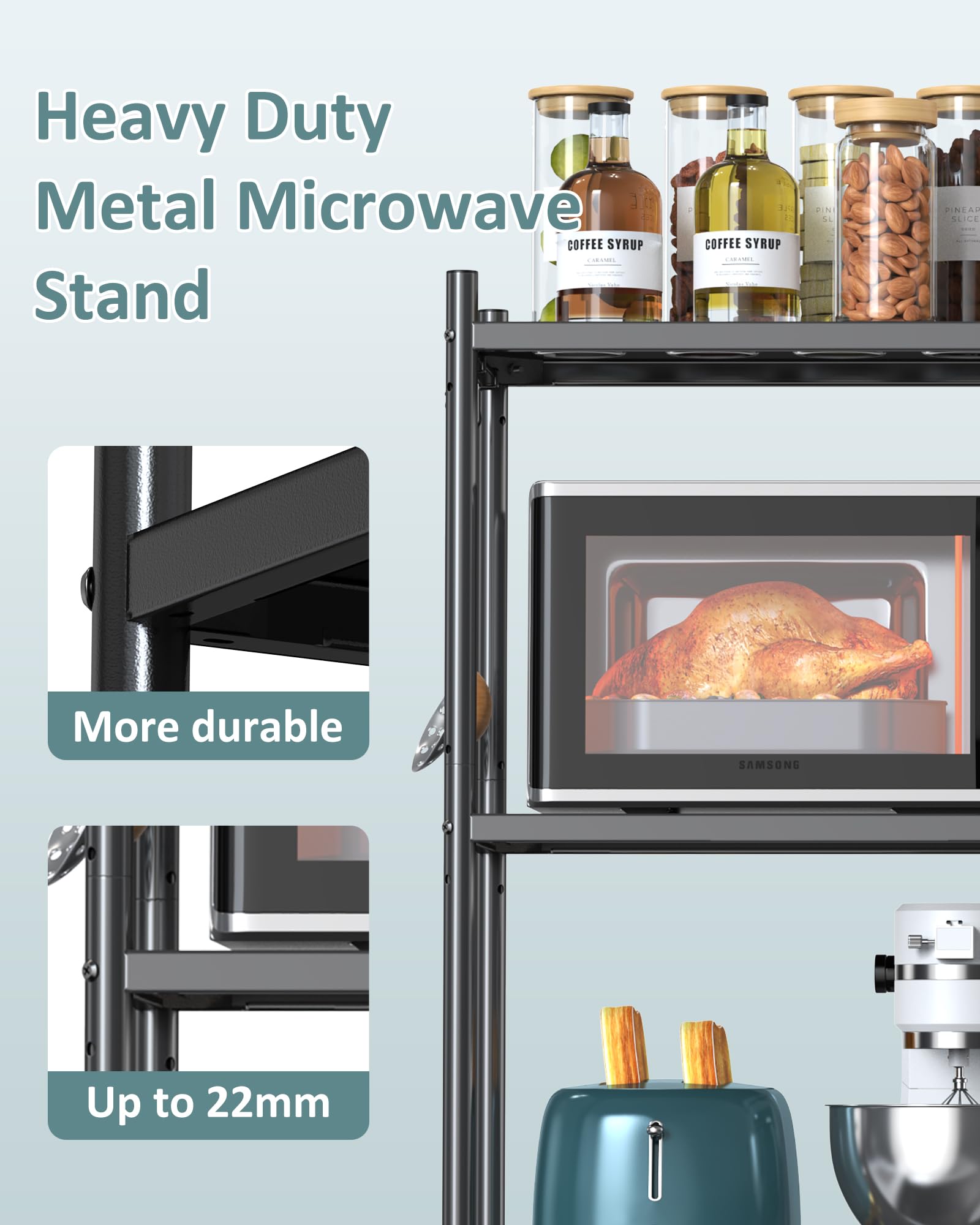 4-Tier Adjustable Height Microwave Stand with Storage - Industrial Kitchen Bakers Rack on Lockable Wheels (47.2