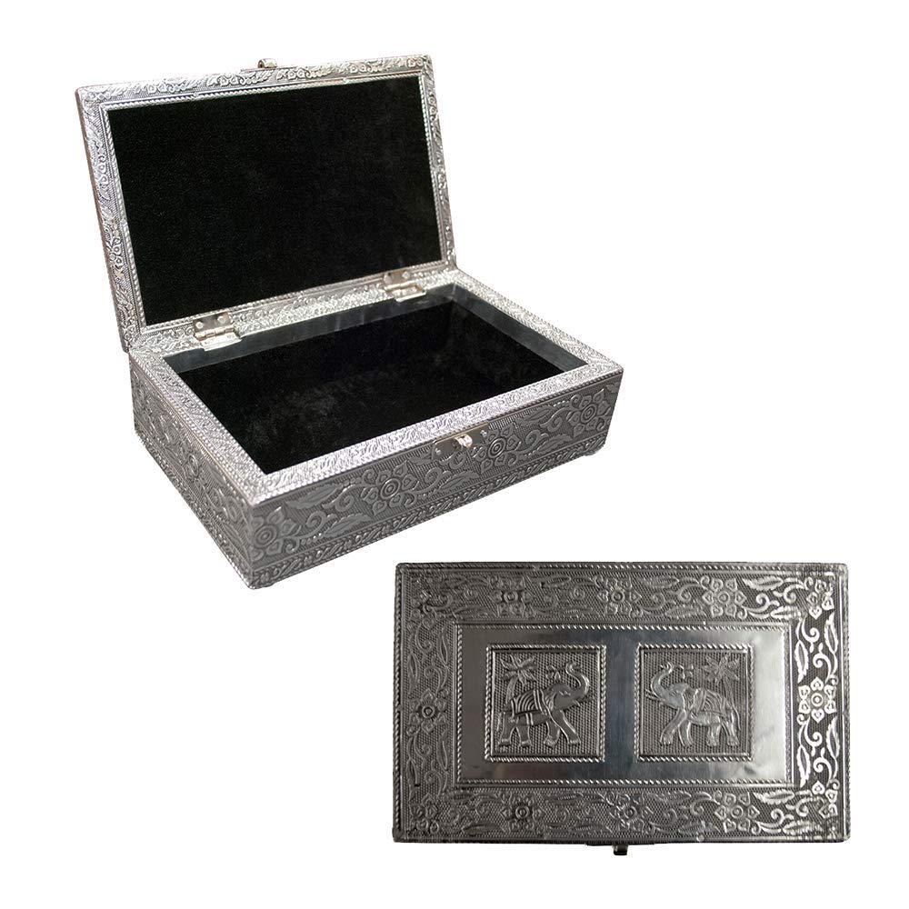 Vintage Jewelry Box Case - 9 Elegant Styles with Bronze/Silver Floral Metal Plating | Perfect Organizer for Earrings, Necklaces & Rings | Great for Travel, Gift & Home Decor (Silver Elephants Design)