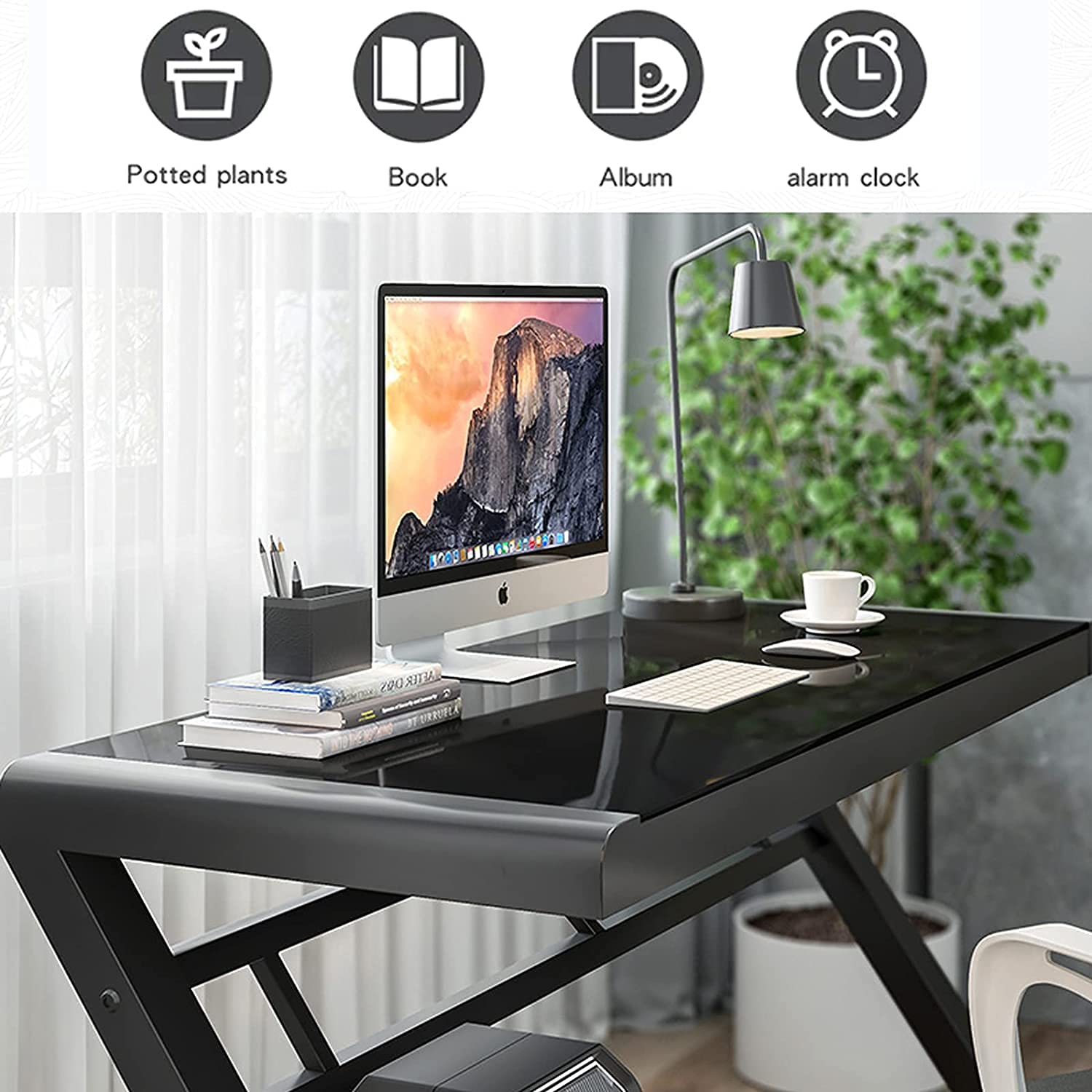 SAMERY 55.1 Inch Modern Black Glass Computer Desk - Home Office, Study, Gaming & Writing Table with Fashion Strength Tempered Glass for Laptop & Office Use