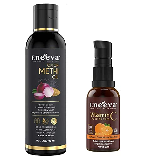 Eneeva Onion Methi Hair Oil 100ml with Free Vitamin C Face Serum 30ml | Natural Hair Growth Treatment | Virgin Coconut Oil & Adivasi Herbal Blend | Massage & Scalp Care | Pack of 2 for Daily Hair & Skin Routine