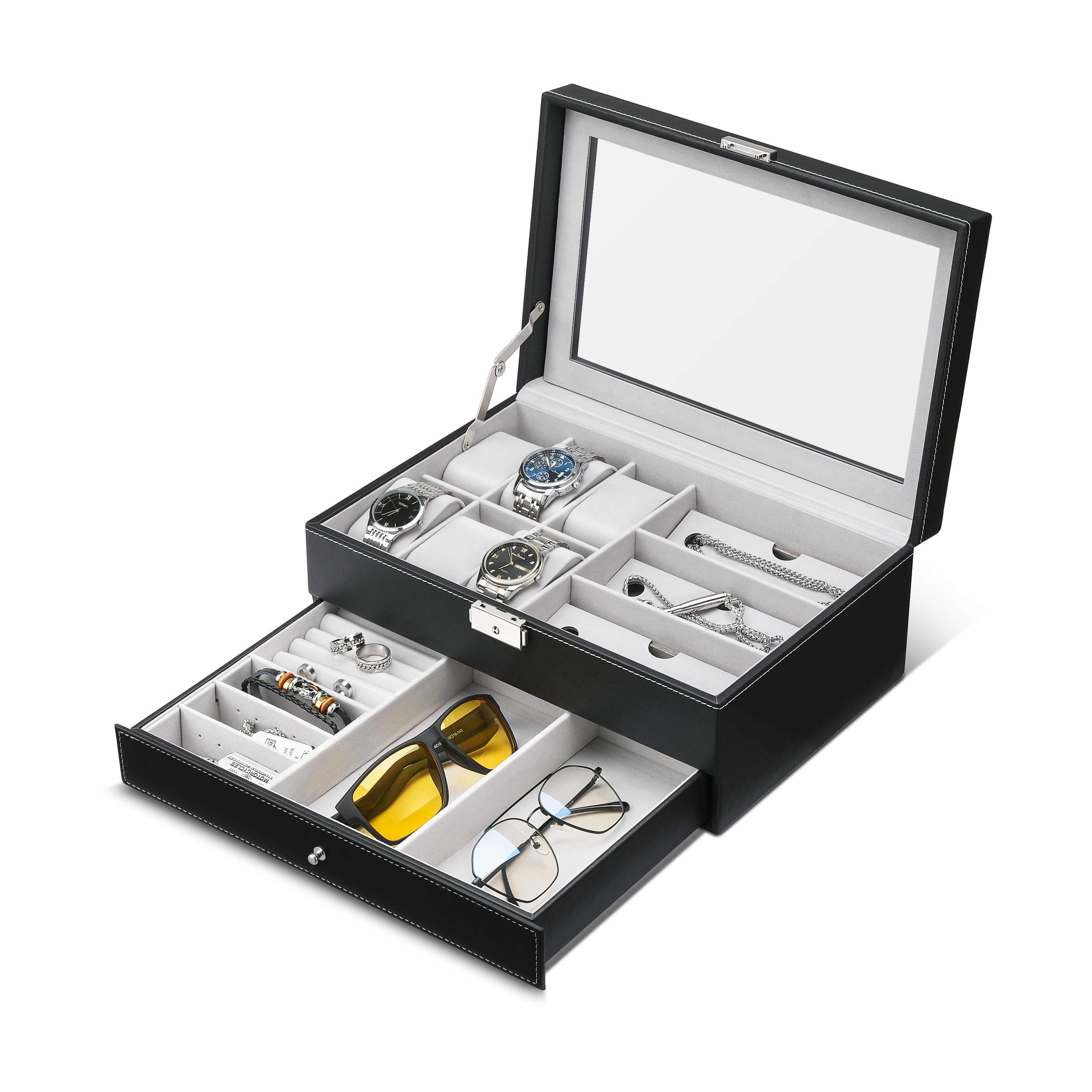 GUKA Watch Glasses Box - Premium Jewelry Organizer with Drawer for Watches, Sunglasses, Earrings & Accessories - Stylish Storage Case for Men & Women (Black/White) - Perfect for Home, Office & Travel Organization