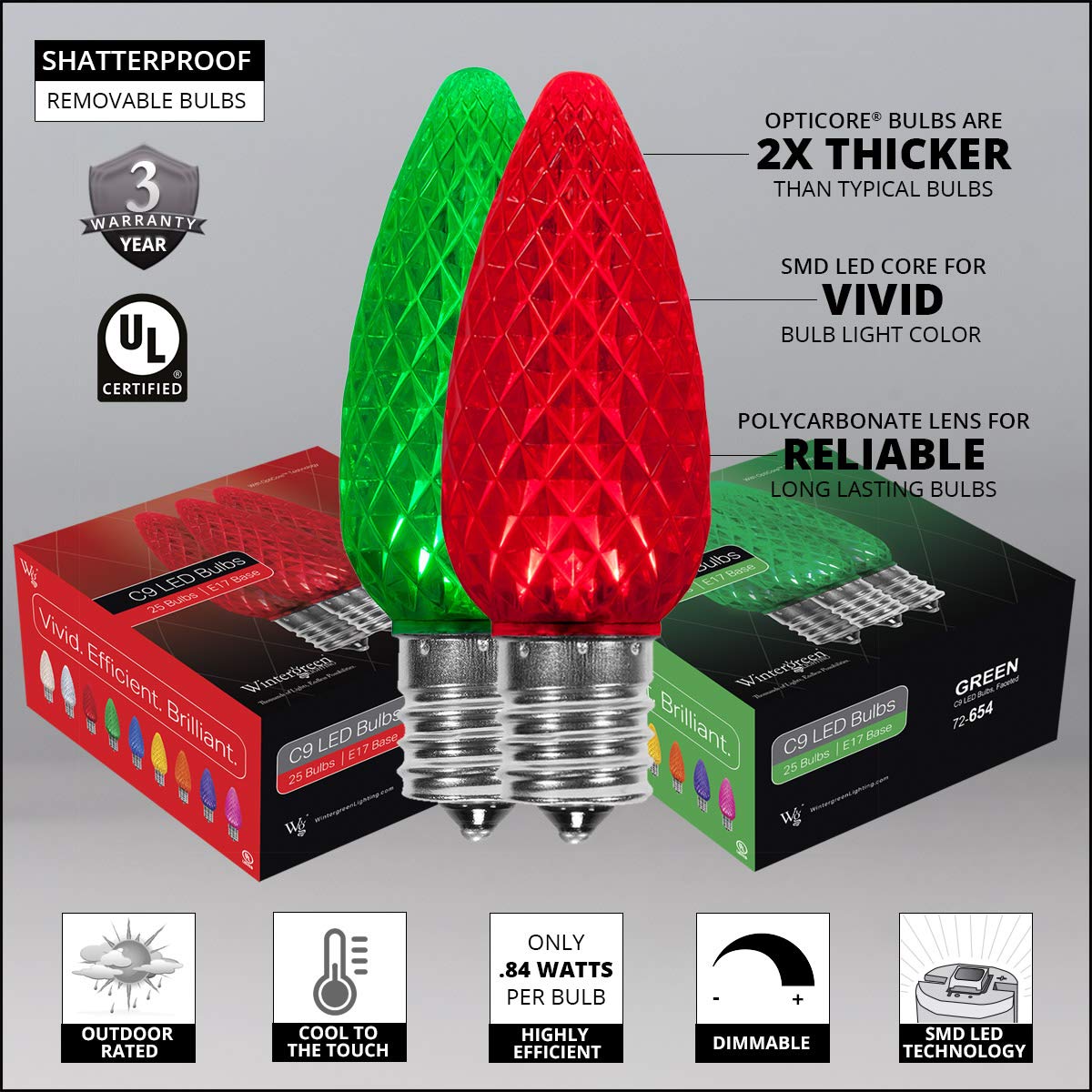 Wintergreen LED Christmas Pathway Lights - Red & Green C9 Outdoor String for Holidays