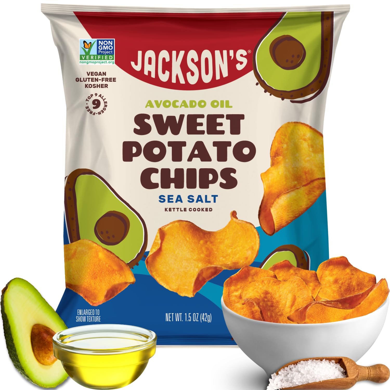 Jackson’s Sweet Potato Kettle Chips with Sea Salt - Made with Premium Avocado Oil (1 oz, Pack of 15) | Allergen-Friendly, Gluten Free, Peanut Free, Vegan & Paleo Certified | Healthy Snacks for Parties, School Lunches & On-The-Go | Shark Tank Featured Product