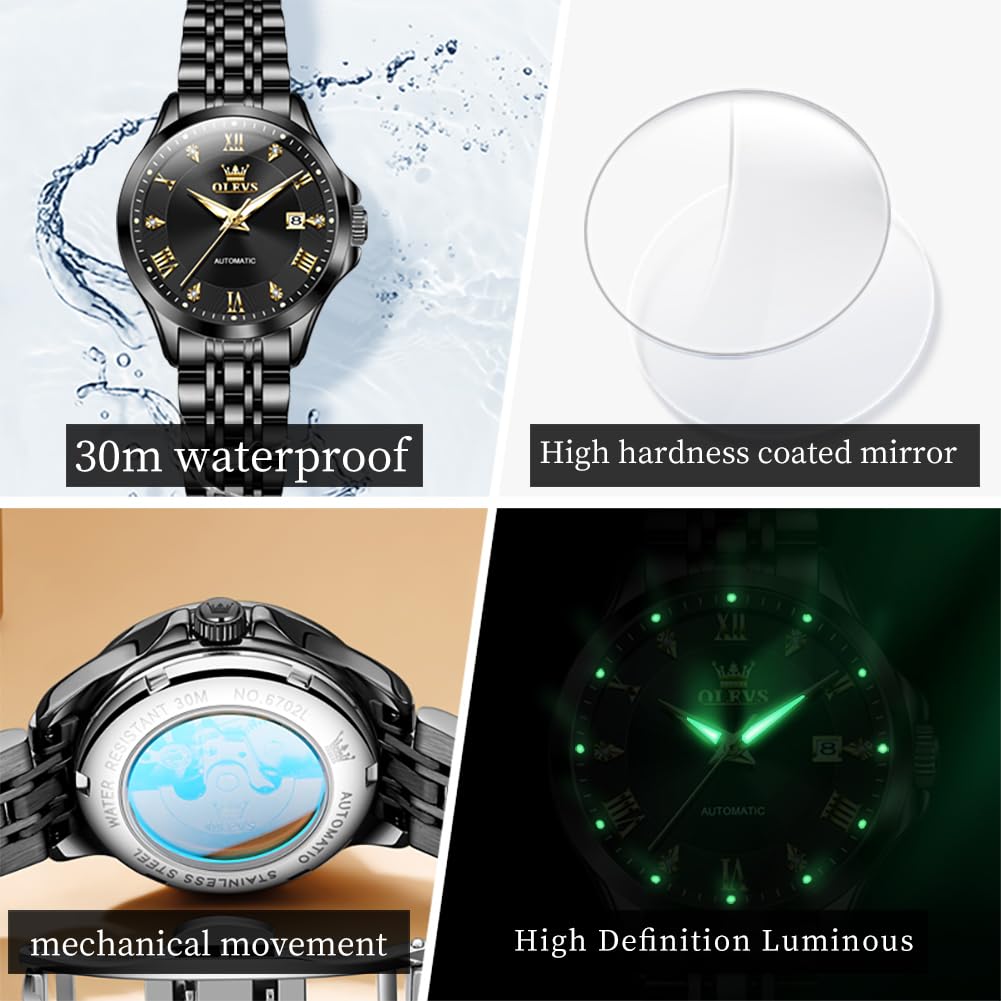 OLEVS Women's Automatic Diamond Luxury Dress Watch - Self Winding, Date Display, Luminous Hands, Waterproof - Perfect for Business, Evening Events & Formal Occasions