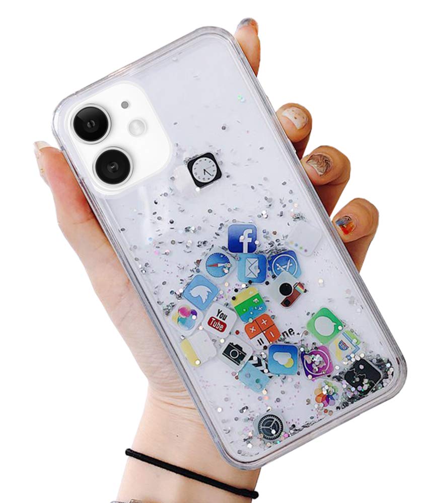 UnnFiko Liquid Glitter Phone Case for iPhone 13 Pro Max - Hard Back Colorful Bling Quicksand with iOS Icon Design | Shimmering Silver Glitter Protective Cover | Perfect for Parties, Daily Use & Gift Giving
