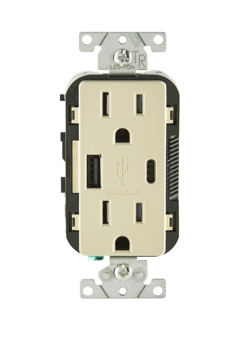 Leviton T5633-I 15-Amp USB Charger Outlet - Dual Type A & Type C Ports, Tamper-Resistant, Ivory (6-Pack with Screwless Wallplates) - Perfect for Bedrooms, Kitchens & Offices