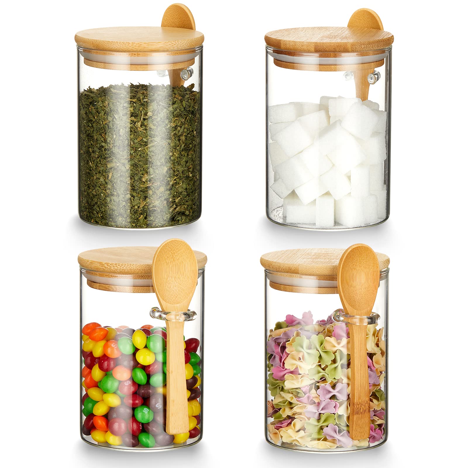 Mfacoy 4-Piece Airtight Glass Food Storage Containers with Bamboo Lids & Spoons - 17oz Borosilicate Overnight Oats Jars - Clear Kitchen Canisters for Cookies, Candy, Coffee, Sugar, Matcha Tea, Flour - Perfect for Pantry Organization & Meal Prep
