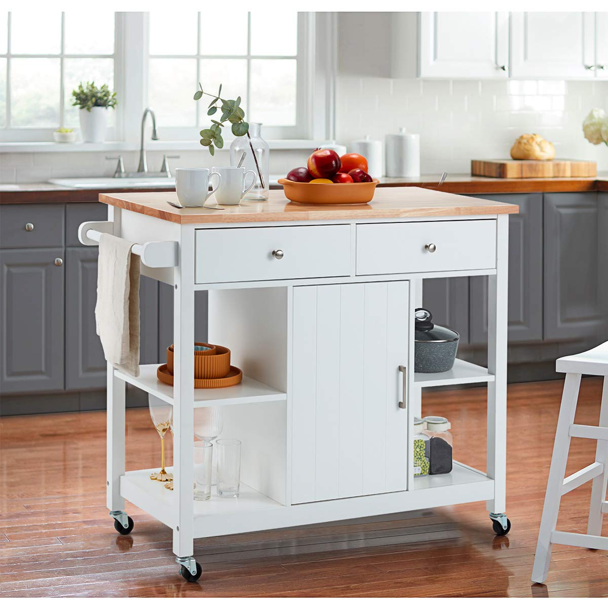 Erinnyees White Rolling Kitchen Island Cart with Rubber Wood Countertop & Lockable Wheels - Mobile Kitchen Storage with 2 Drawers, Open Shelves, Towel Bar & Pine Legs - Perfect for Small Kitchens, Apartments & Food Prep Stations