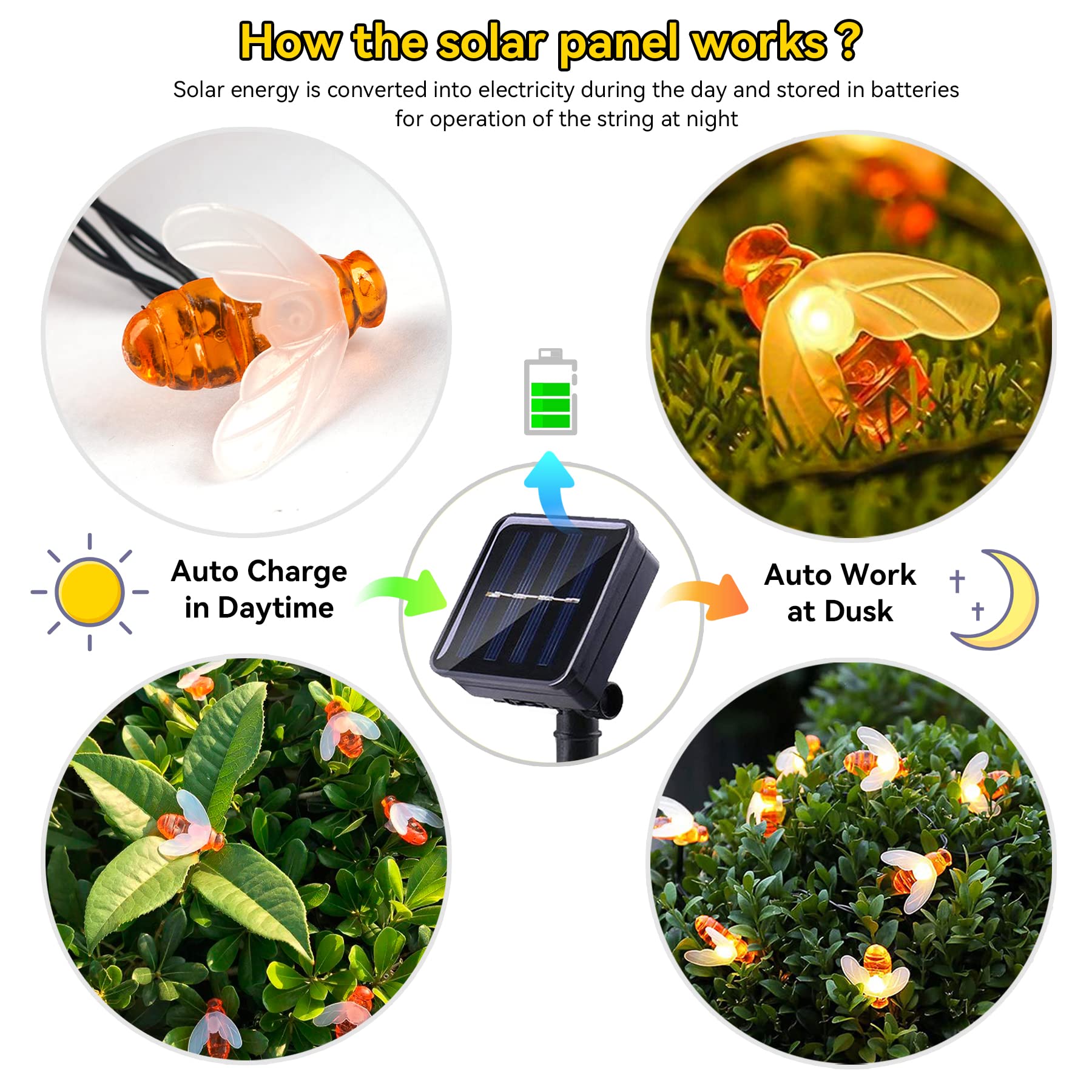 Solar Bee String Lights 30 LED - Waterproof Outdoor Fairy Lights for Garden, Wedding, Party