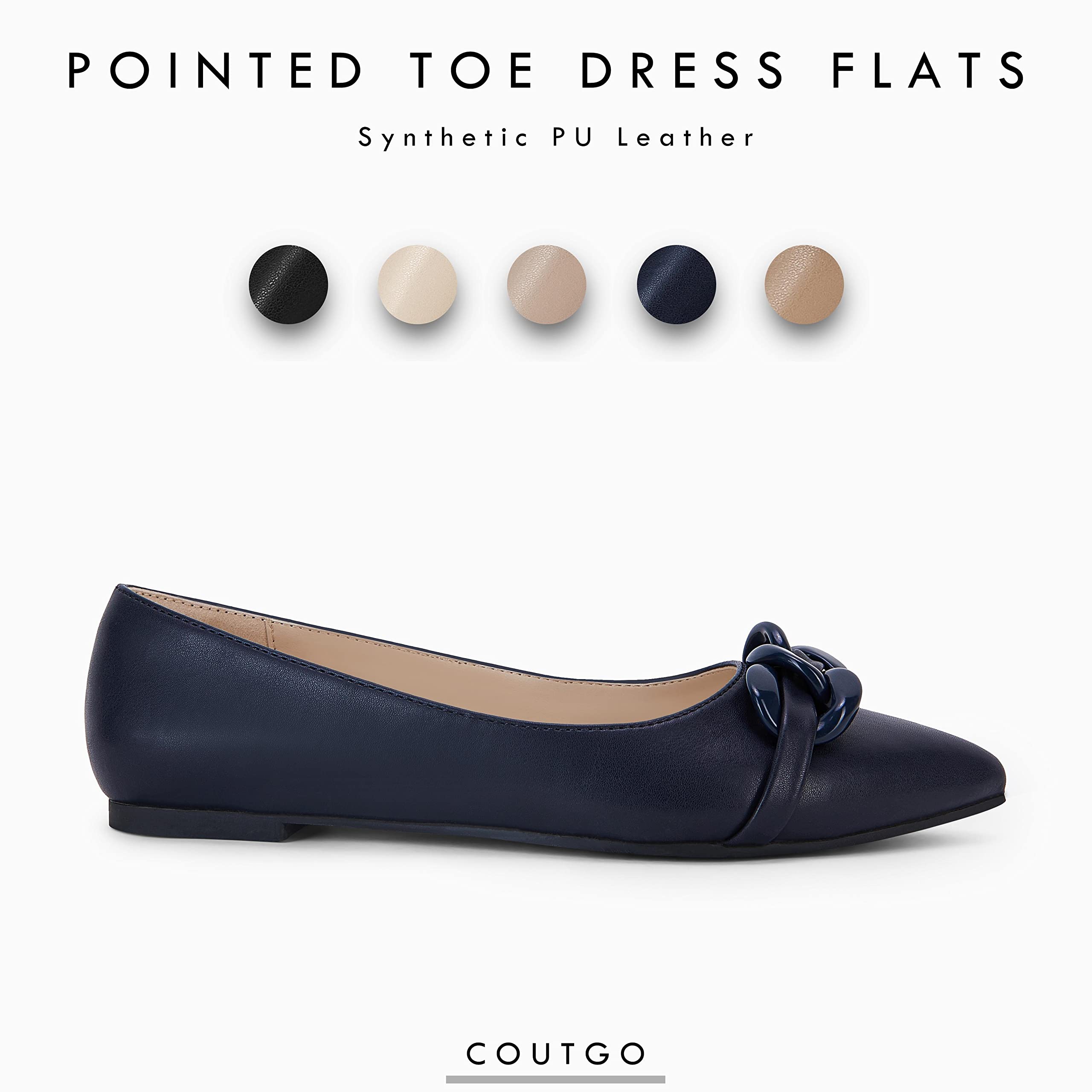 Coutgo Women's Ballet Flats - Pointed Toe Slip On Loafers with Chain Detail | Comfortable Dress Shoes for Work, Office & Wedding Occasions