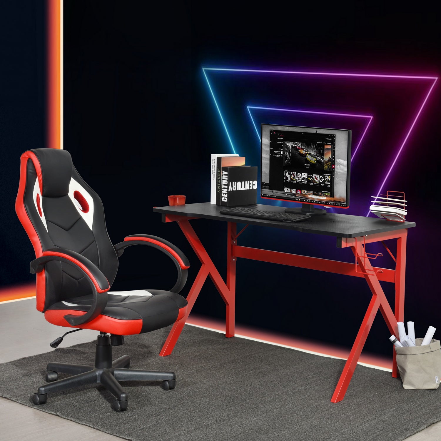 Modern Black & Red Computer Desk - Scratch Resistant, Waterproof Surface with Multiple Features - Model Ally - Perfect for Home Office, Gaming Setup & Small Workspaces