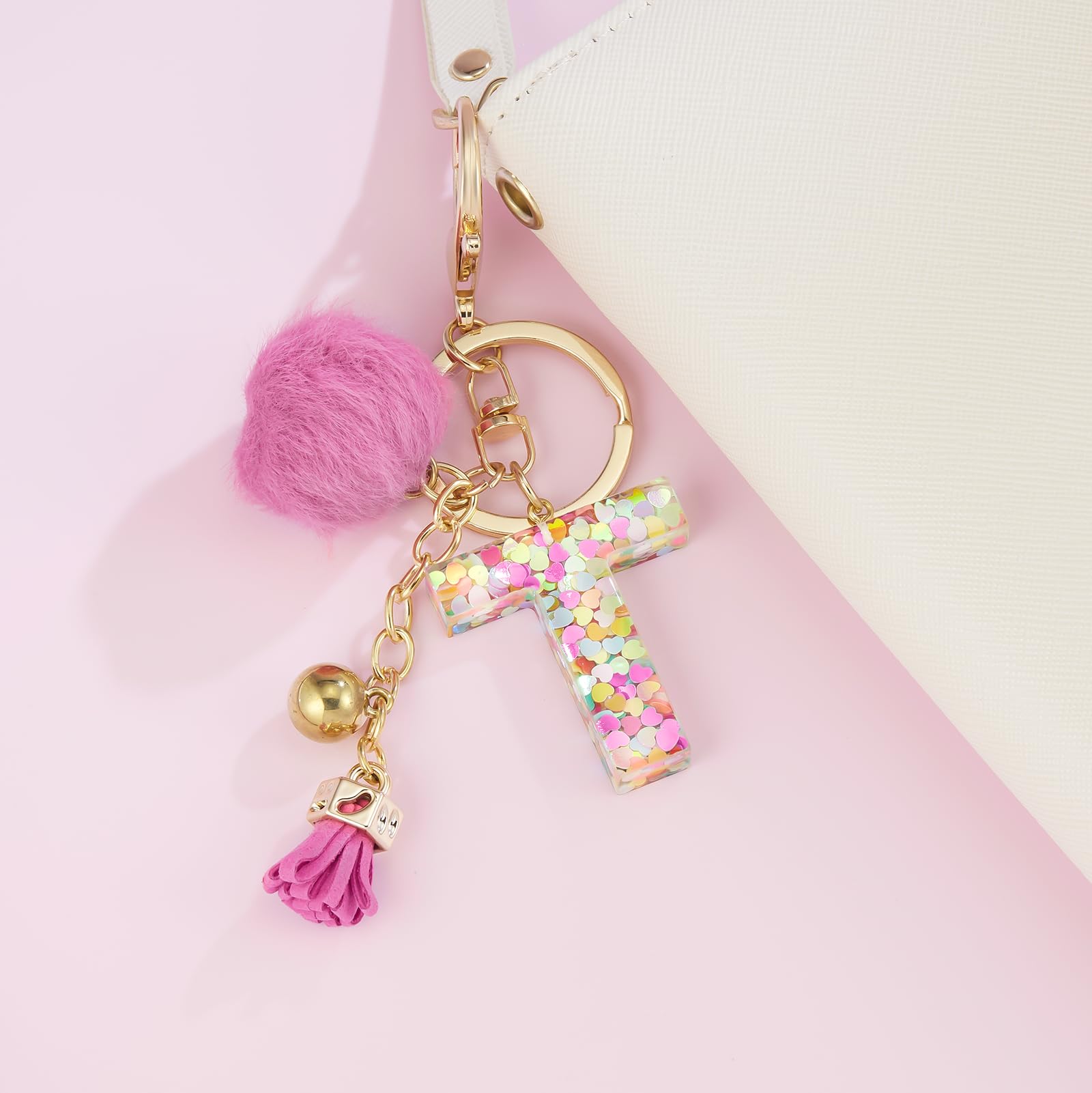 Personalized Resin Alphabet Initial Letter Keychain for Women - Custom Name Keyring with Soft Fur Ball Pom Pom - Perfect for Handbags, Purses, Gifts & Everyday Carry Accessories
