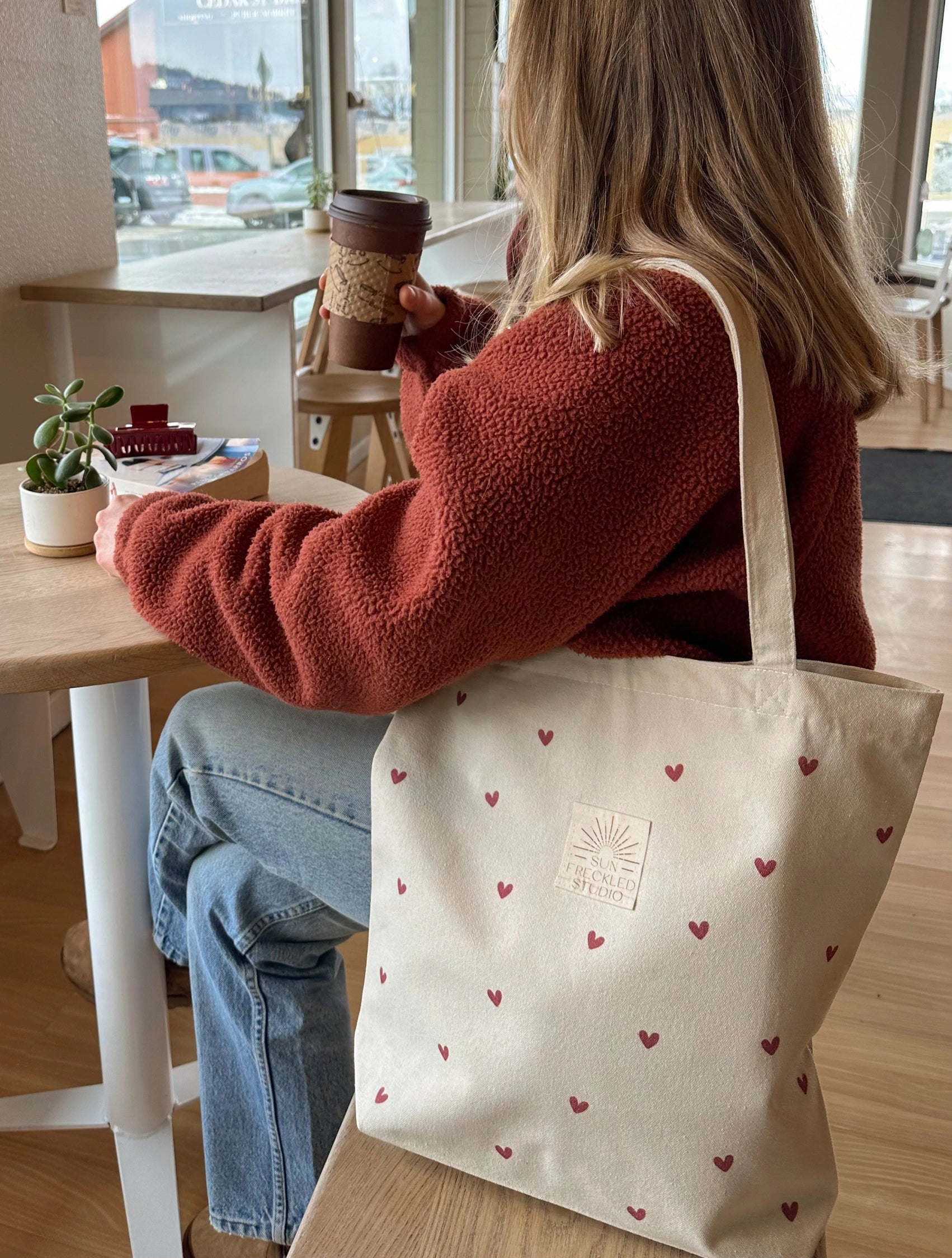 Heart Print Canvas Zipper Tote Bag with Pockets & Key Leash - Secure Closure Everyday Carry All for Women, Work, School & Travel