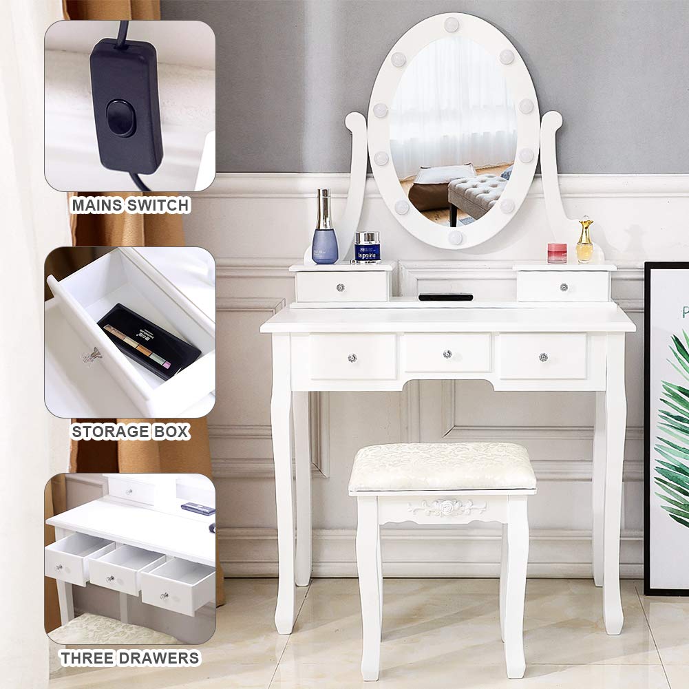White Vanity Table Set with Lighted Oval Mirror & Stool - 5 Drawer Wooden Dressing Table for Bedroom | Perfect for Makeup, Skincare & Hair Styling