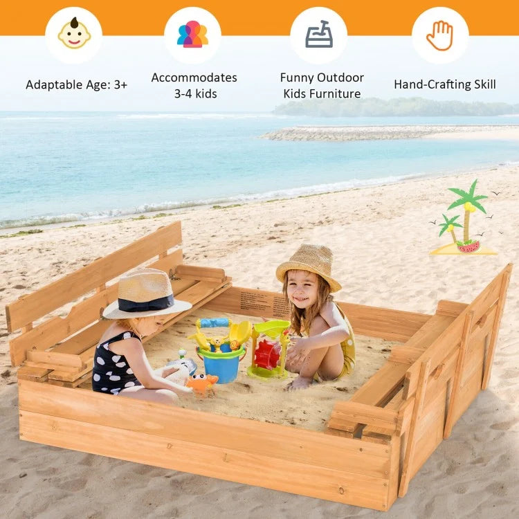 Kids Wooden Sandbox with 2 Foldable Bench Seats - Outdoor Play Sand Box for Toddlers & Children - Perfect for Backyard, Garden & Playground Fun