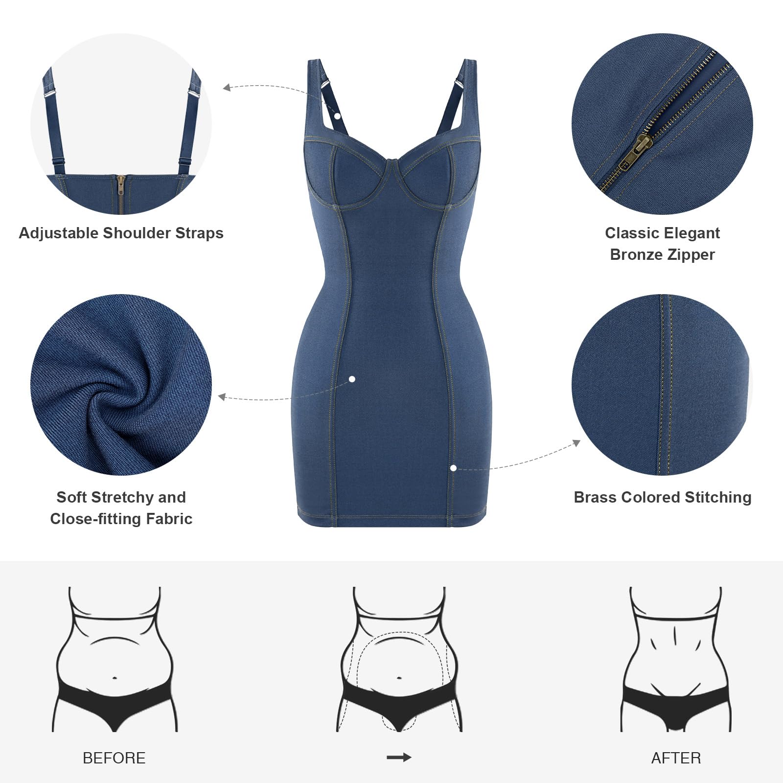 Popilush Shapewear Denim Dress - Sleeveless Bodycon Jean Dress with Built-in Shapewear for Women | Perfect for Cocktail Parties, Concerts & Night Out