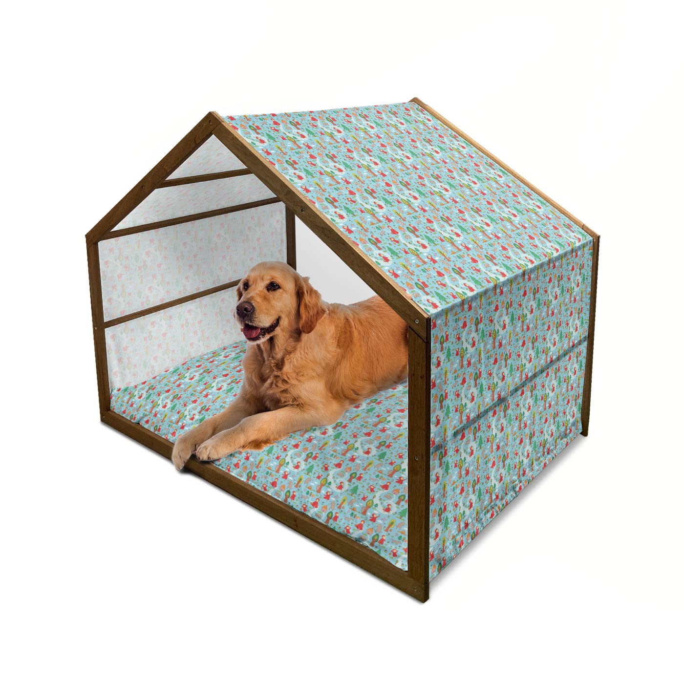Ambesonne Red Riding Hood Themed Wooden Dog House - Indoor & Outdoor Portable Pet Kennel with Pillow & Cover, X-Large Multicolor - Perfect for Forest Adventures & Fairy Tale Lovers