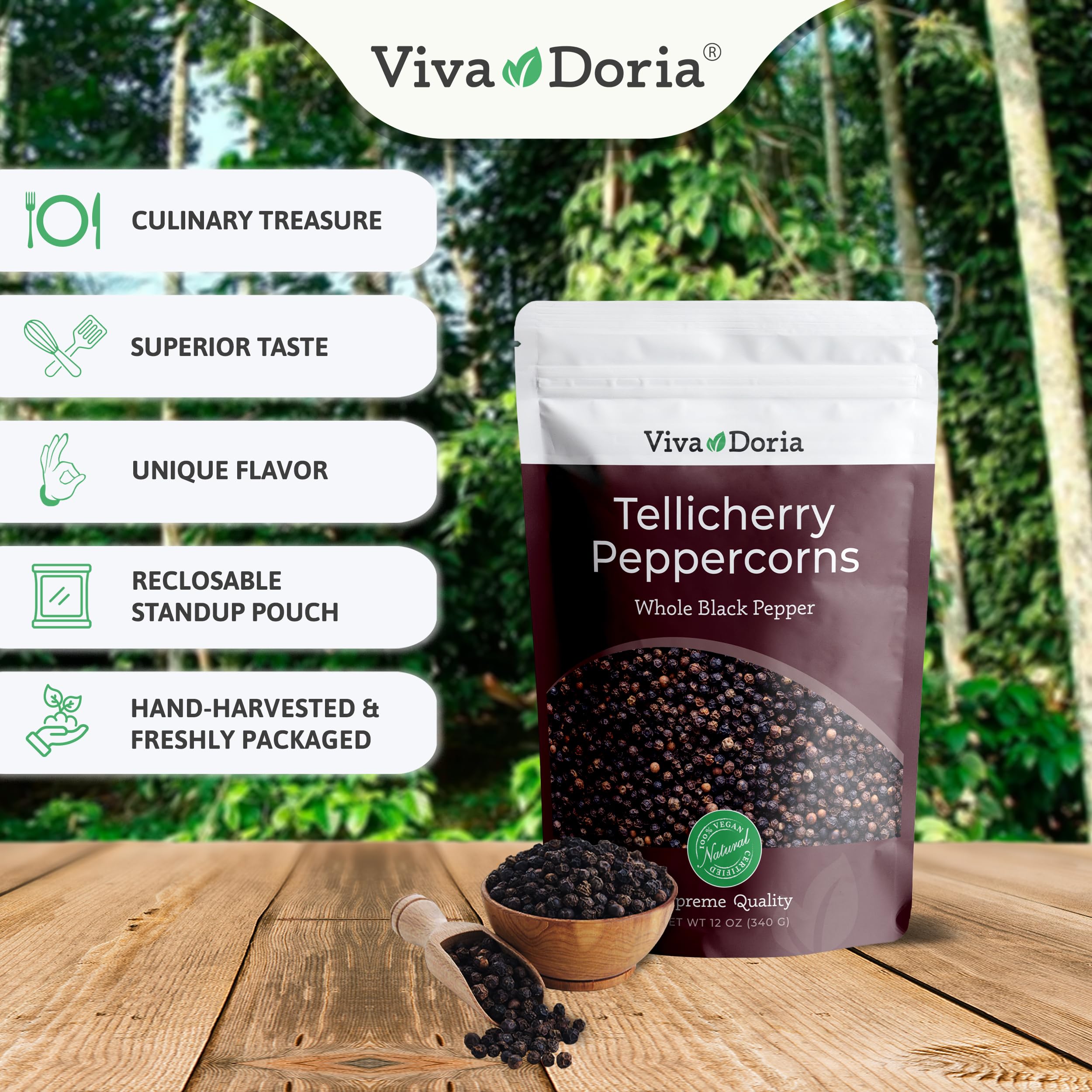 Viva Doria Tellicherry Black Peppercorns & Whole White Peppercorns - 12 Oz Each - Premium Grinder Refill for Cooking, Baking & Gourmet Dishes