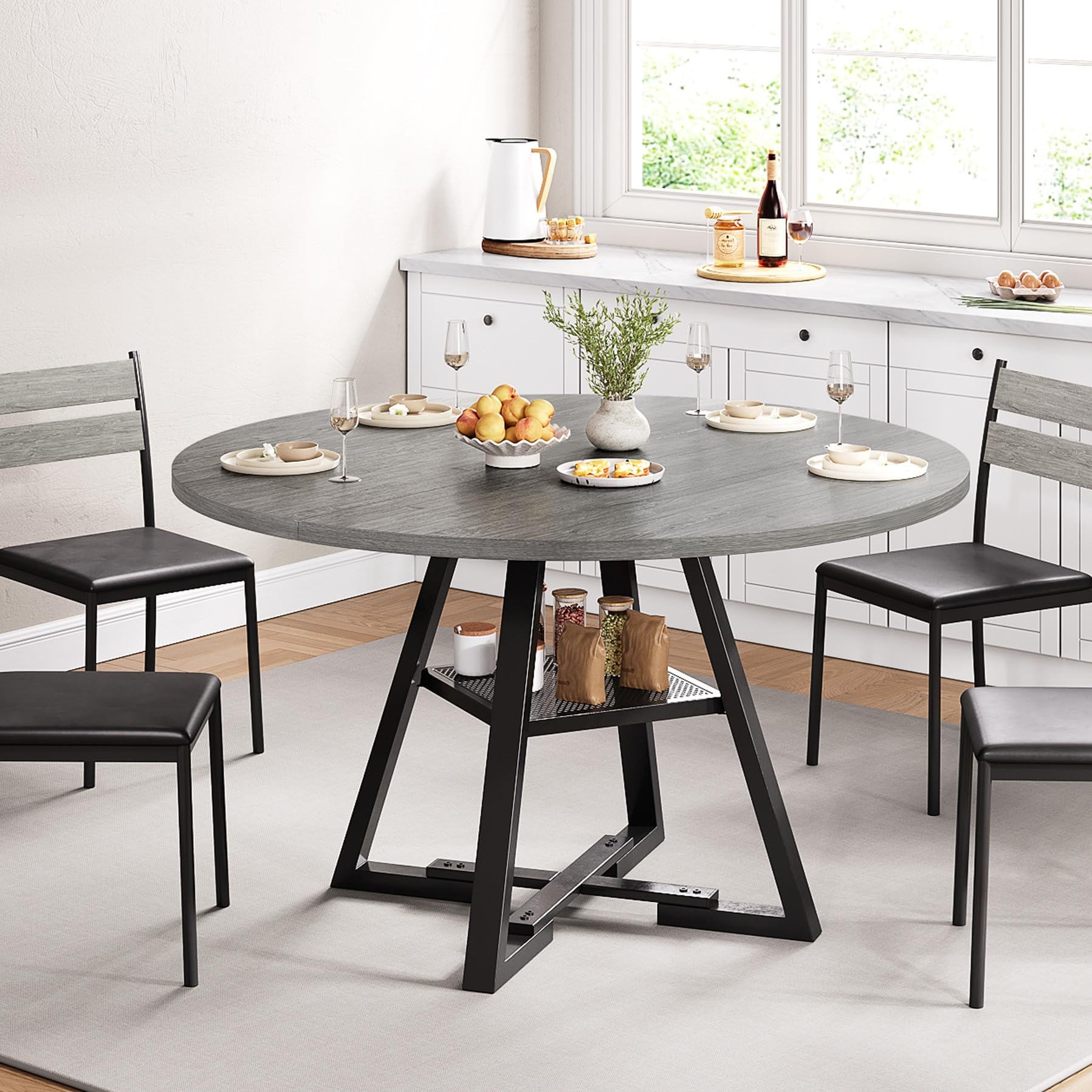 42 Inch Round Dining Table for 4 - Space Saving Wooden Kitchen & Dining Room Furniture with Pedestal Base, Grey - Perfect for Small Spaces, Breakfast Nooks & Cozy Family Meals