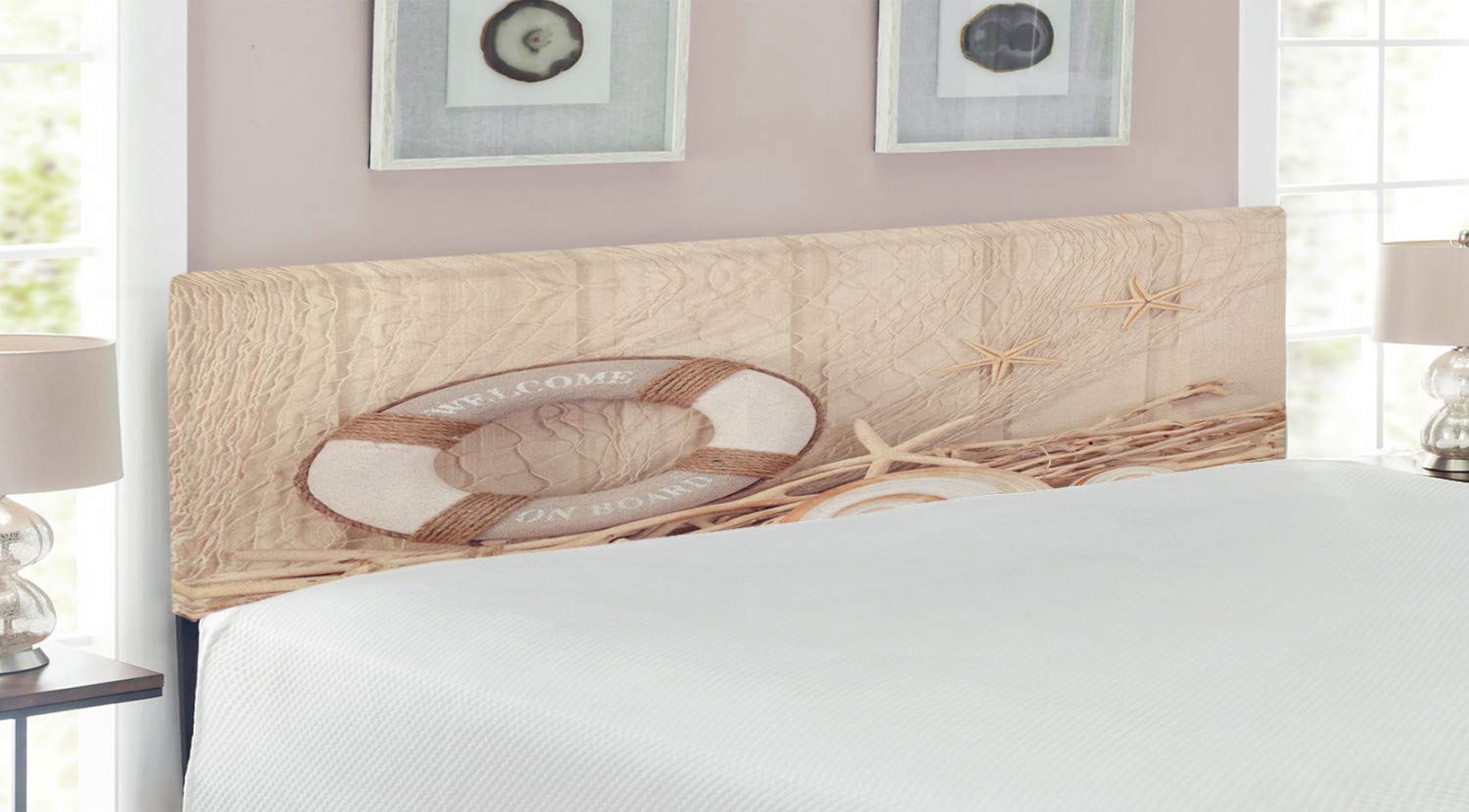 Ambesonne Coastal King Size Headboard - Wooden Sepia Fishnet Maritime Theme Upholstered Bed Headboard with Memory Foam in Tan Beige White | Nautical Bedroom Decor for Beach House, Vacation Home & Coastal Style Bedrooms