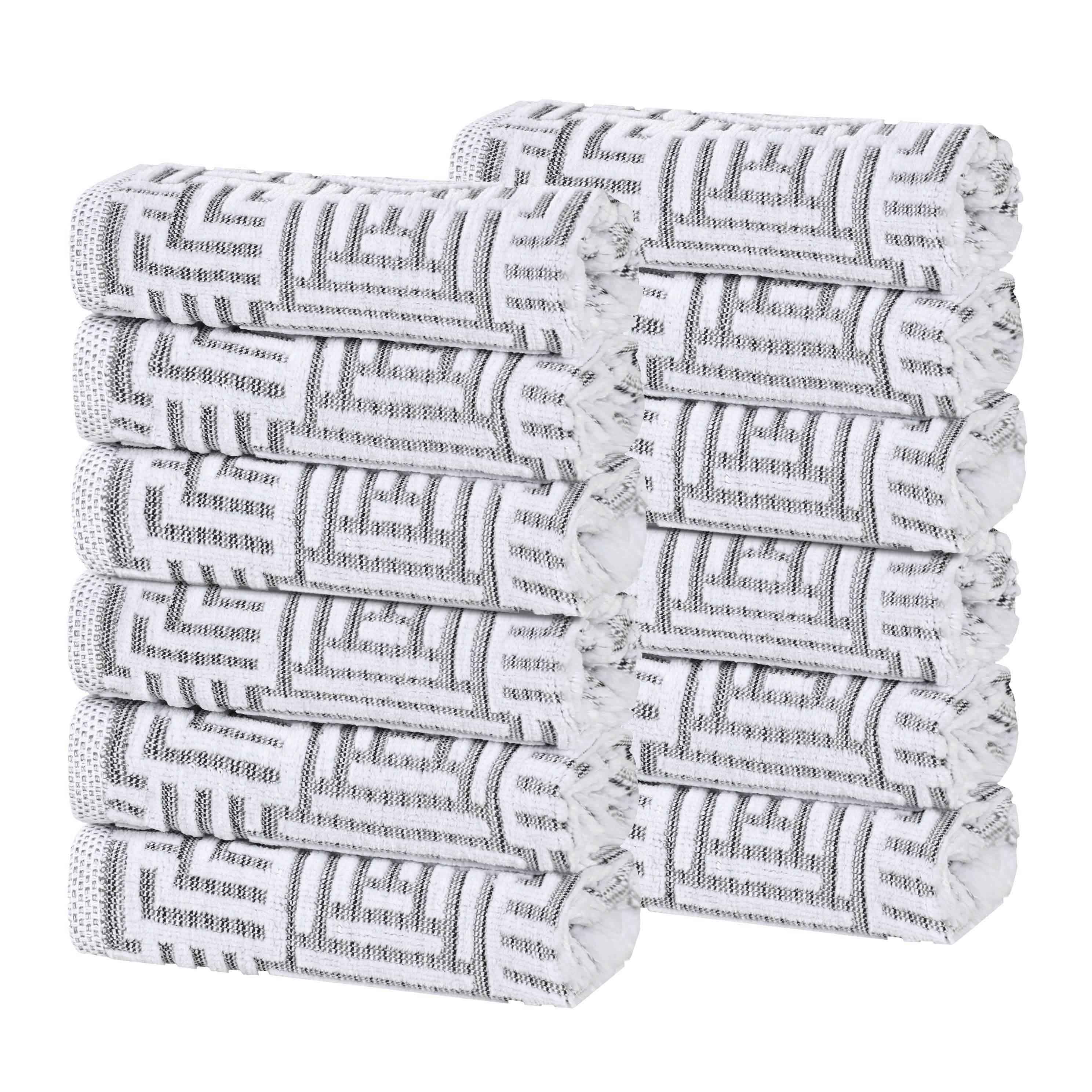 Premium Cotton Modern Geometric Jacquard Plush Face Towel & Washcloth Set - 12 Pack | Soft Absorbent Bath & Hand Towels for Spa, Gym, Travel & Daily Skincare Routine