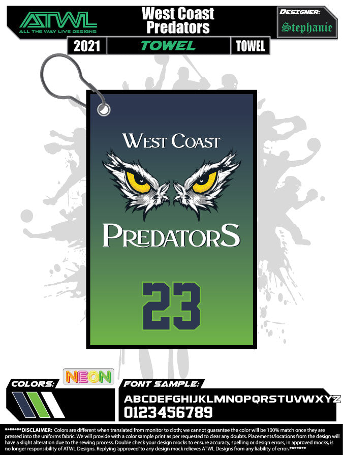 WC Predators Full Dye Sublimation Lacrosse Towel - Absorbent Sports Towel for Lacrosse Players, Teams & Fans - Perfect for Games, Practice & Gym Workouts