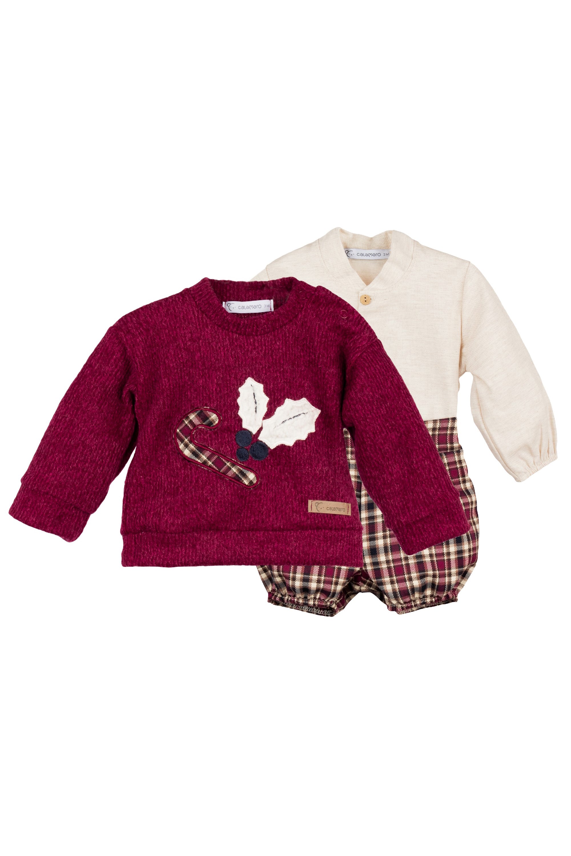 Sonny Burgundy Chenille Jumper, Button-Up Shirt & Plaid Shorts Set - Cozy Winter Outfit for Women, Christmas Family Photos, Holiday Party Fashion