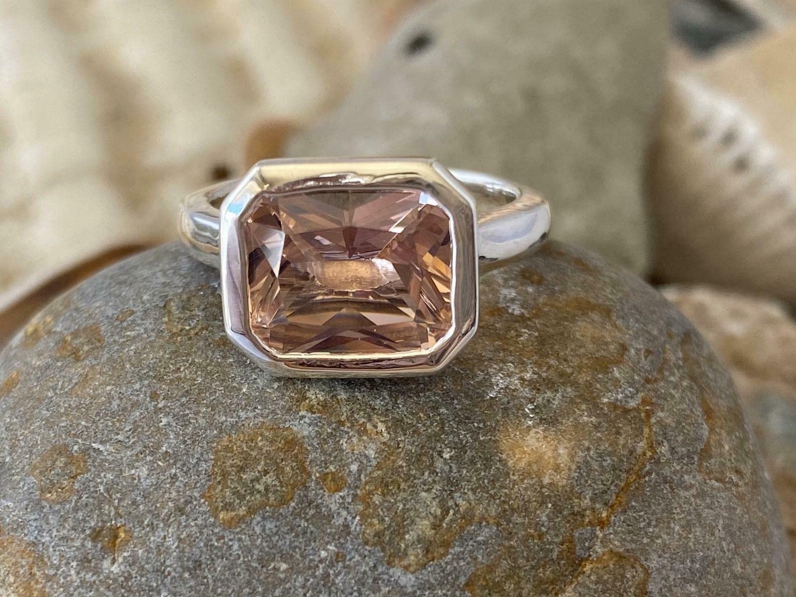 2.3ct Radiant Cut Peach Morganite Solitaire Ring - Bezel Set in White Gold Plated for Women | Elegant Engagement, Wedding, Anniversary & Gift Jewelry
