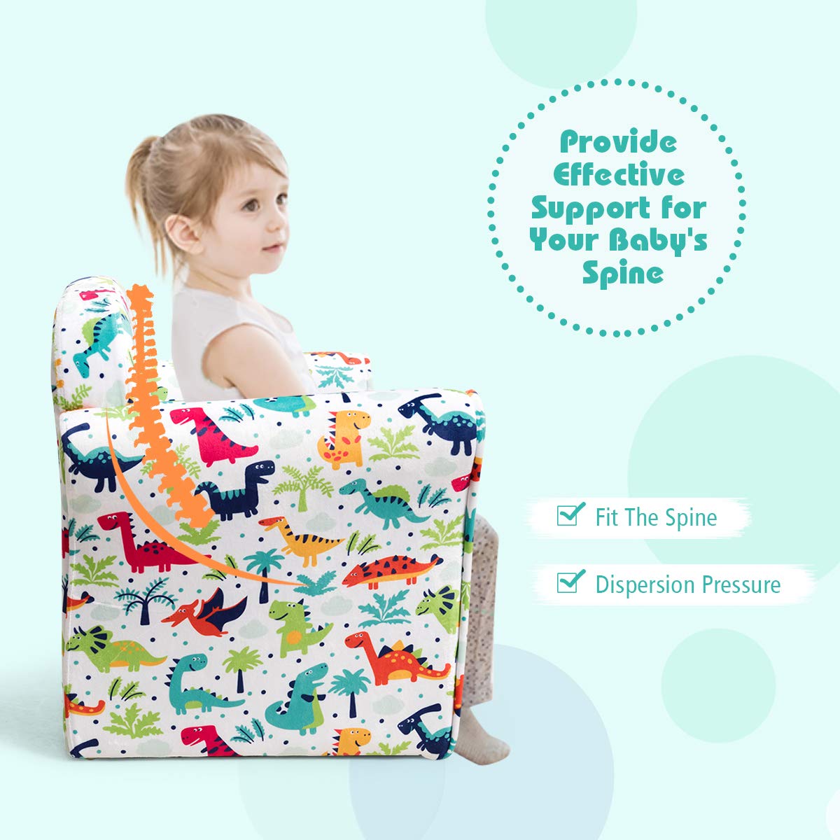 Costzon Kids Couch - Double Seat Children's Sofa with Dinosaur Pattern, Soft & Comfortable Toddler Armchair with Back Support, Easy to Move, Perfect for Bedroom & Living Room - Ideal Gift for Preschool Boys & Girls (Great for Playtime, Reading Nook & Nap Time)
