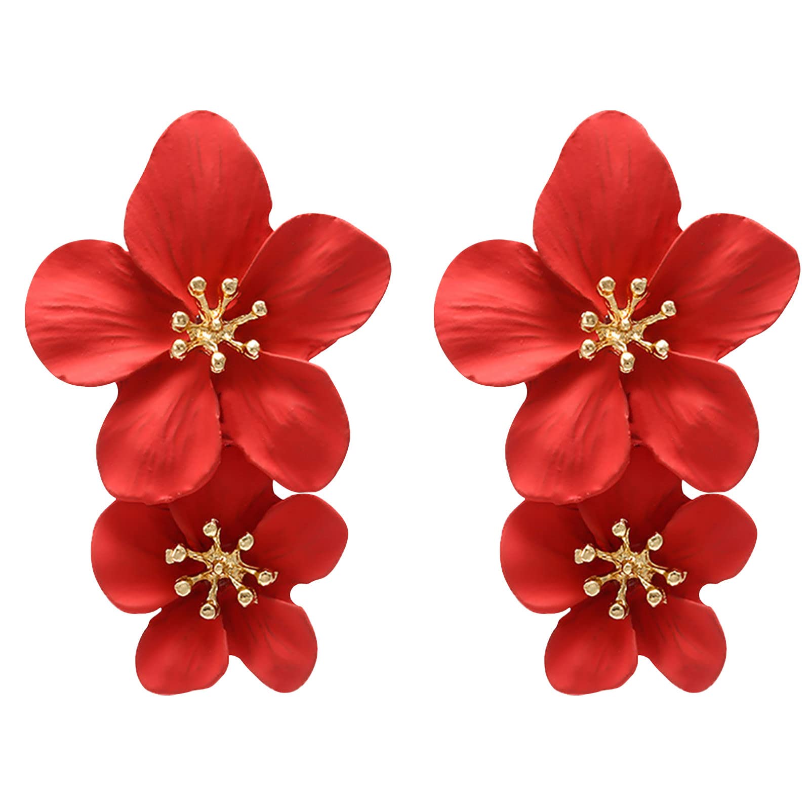 Double Layer Floral Drop Earrings for Women - Boho Chic Dangle Earrings with Petal Design, Country Style Jewelry for Vacation & Photography (Red, One Size) - Perfect for Parties, Weddings & Summer Outfits