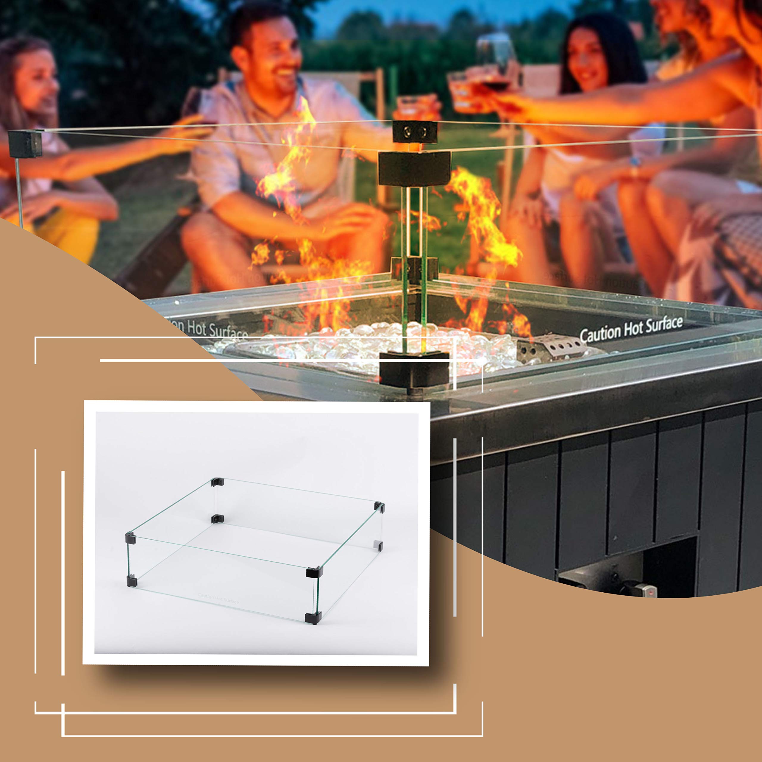 19-Inch Wind Guard Glass Panel for Square Outdoor Propane Fire Pit Table - Durable Heat-Resistant Protection for Patio, Deck, and Backyard Gatherings