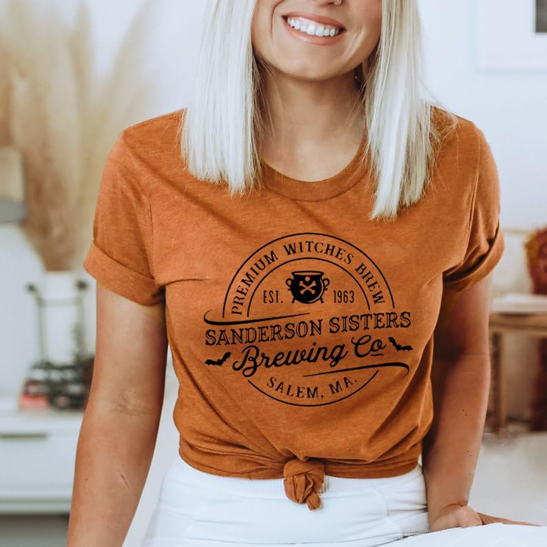 Sanderson Sisters Halloween T-Shirt for Women - Cute Ghost & Witches Brew Coffee Graphic Tee - Perfect for Halloween Parties, Costume Events & Witch-Themed Outfits