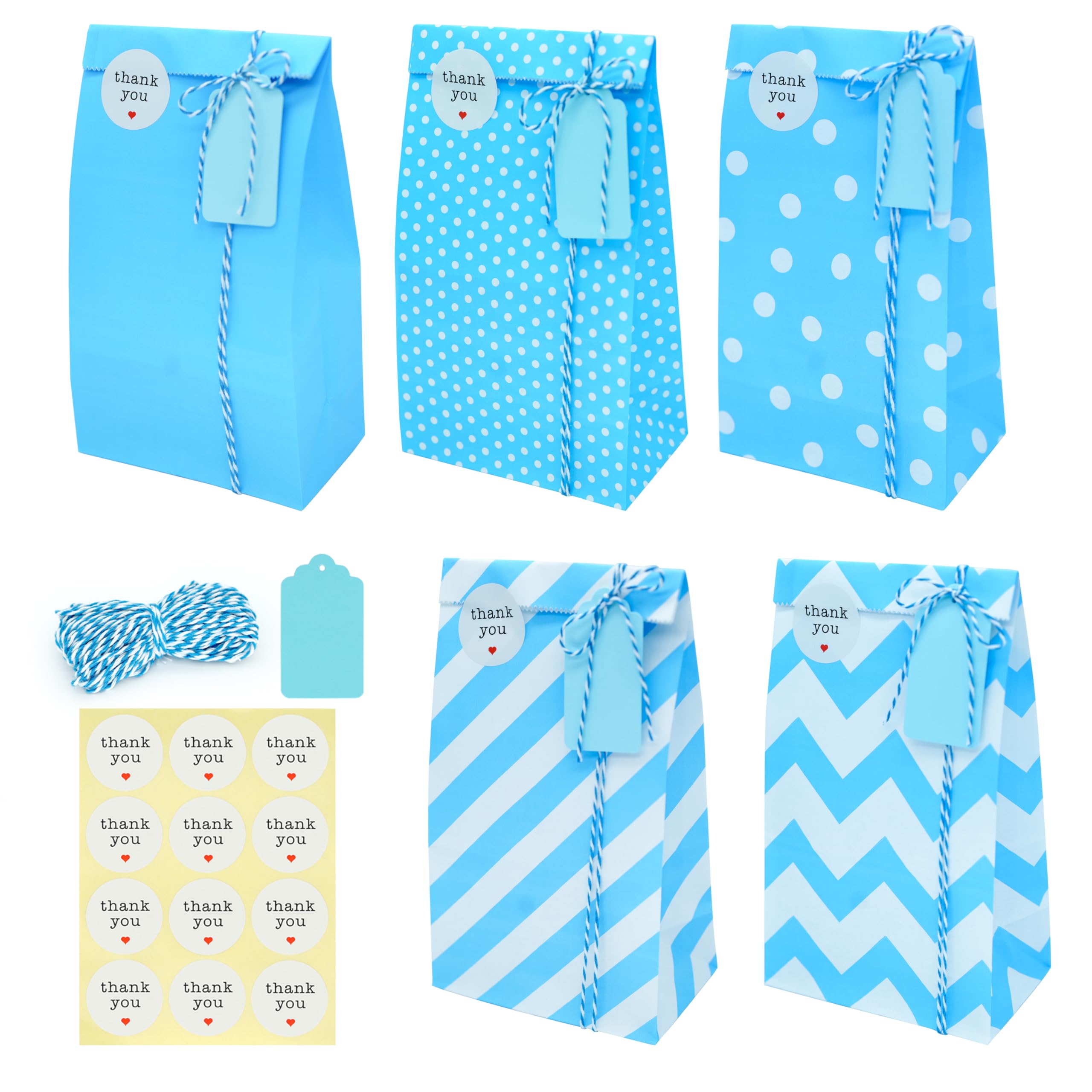 SMINTINE 30-Pack Blue Goodie Bags with Thank You Stickers - 5x3x9 Inch Blue Paper Gift Bags with Cotton Bakers Twine - Perfect for Kids Birthday Party Favors, Baby Shower Gifts, Wedding Favors & Holiday Treat Bags
